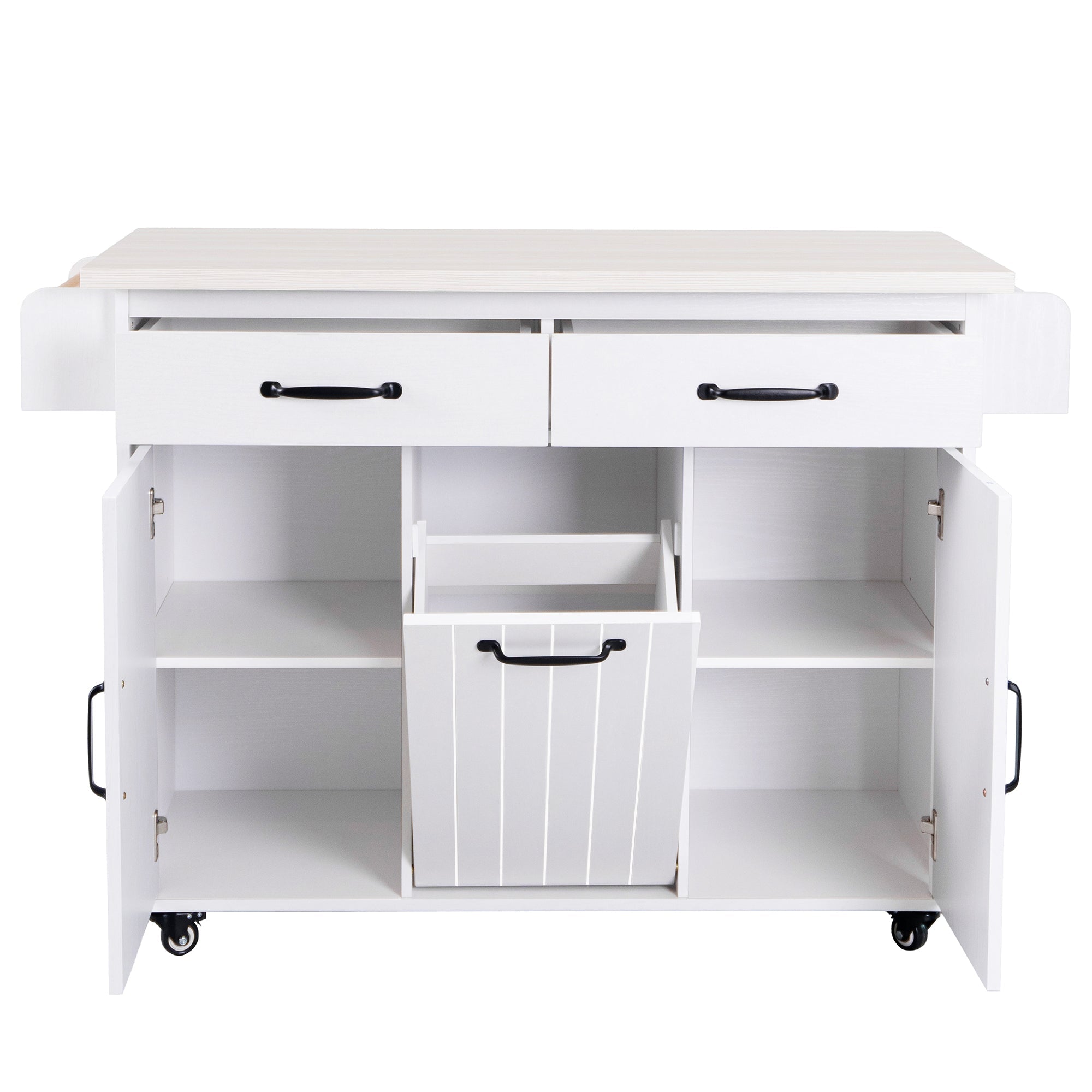 koorbiir k3 K&K Kitchen Island with Trash Can Storage, Drop Leaf Countertop, Spice & Towel Rack, Drawer Cabinet ¨C Rolling Kitchen Cart with Adjustable Shelves for Kitchen Storage, White - Koorbiir