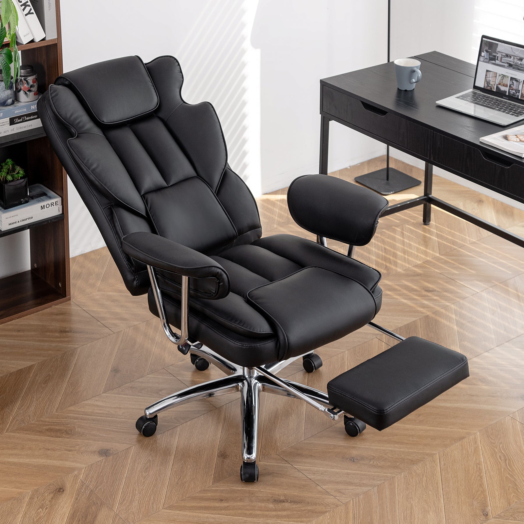 Office Chair, Big and Tall Executive Office Chair with Footrest, Leather Computer Chair, Ergonomic Reclining Chair High Back, Large Home Office Chair (Black) - Koorbiir