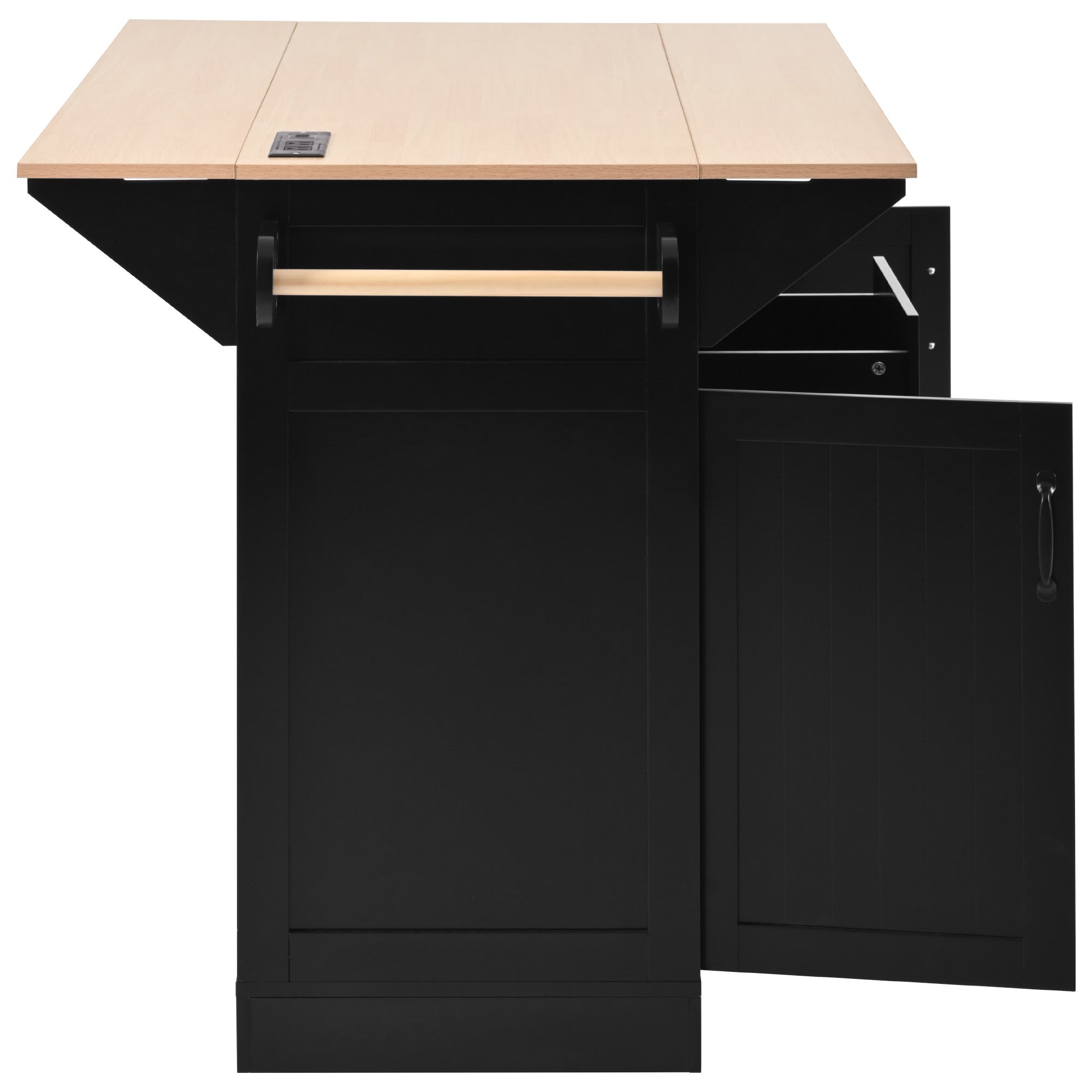 koorbiir k2 K&K 55.7" Large Kitchen Island with Storage, 2 Drop Leaves, Rolling Kitchen Cart with Power Outlet, Folding Dining Table, 3 Drawers & Spice/Towel Rack ¨C Mobile Kitchen Storage for Kitchen & Dining Room, Black