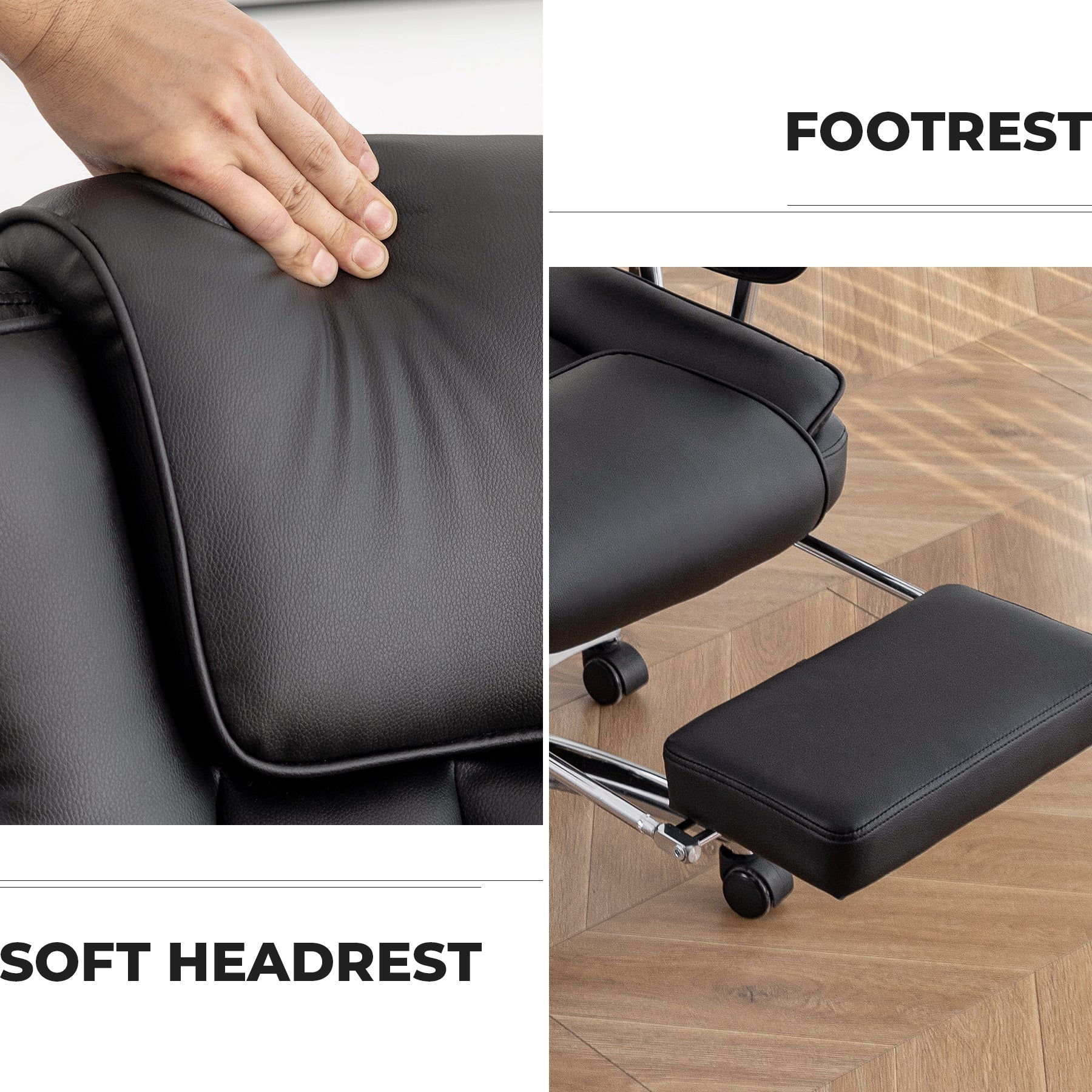 Office Chair, Big and Tall Executive Office Chair with Footrest, Leather Computer Chair, Ergonomic Reclining Chair High Back, Large Home Office Chair (Black) - Koorbiir