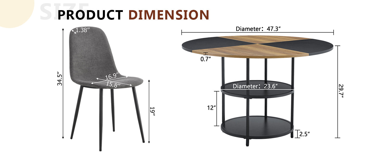 47.3" Modern Splicing Circular Dining Table with Double-Layer Storage ¨C 4 Black Linen-Cotton High-Resilience Chairs with Metal Legs, Table Linens Included
