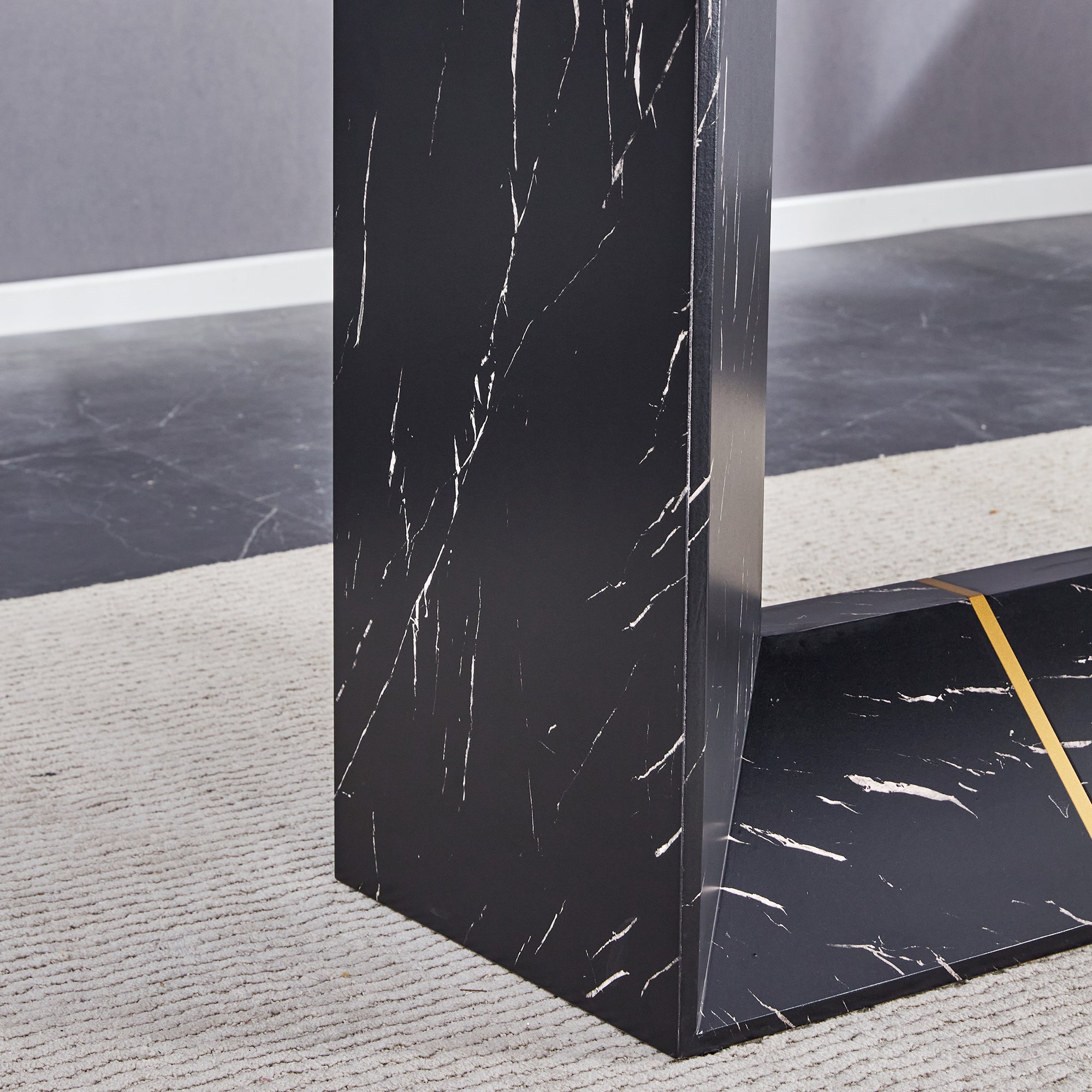 63" x 35.4" Black Marble Pattern Dining Table Set with 4 Dark Gray Linen Chairs ¨C Modern MDF Table with O-Shaped Legs, Metal Frame & Table Linens for Kitchen or Dining Room
