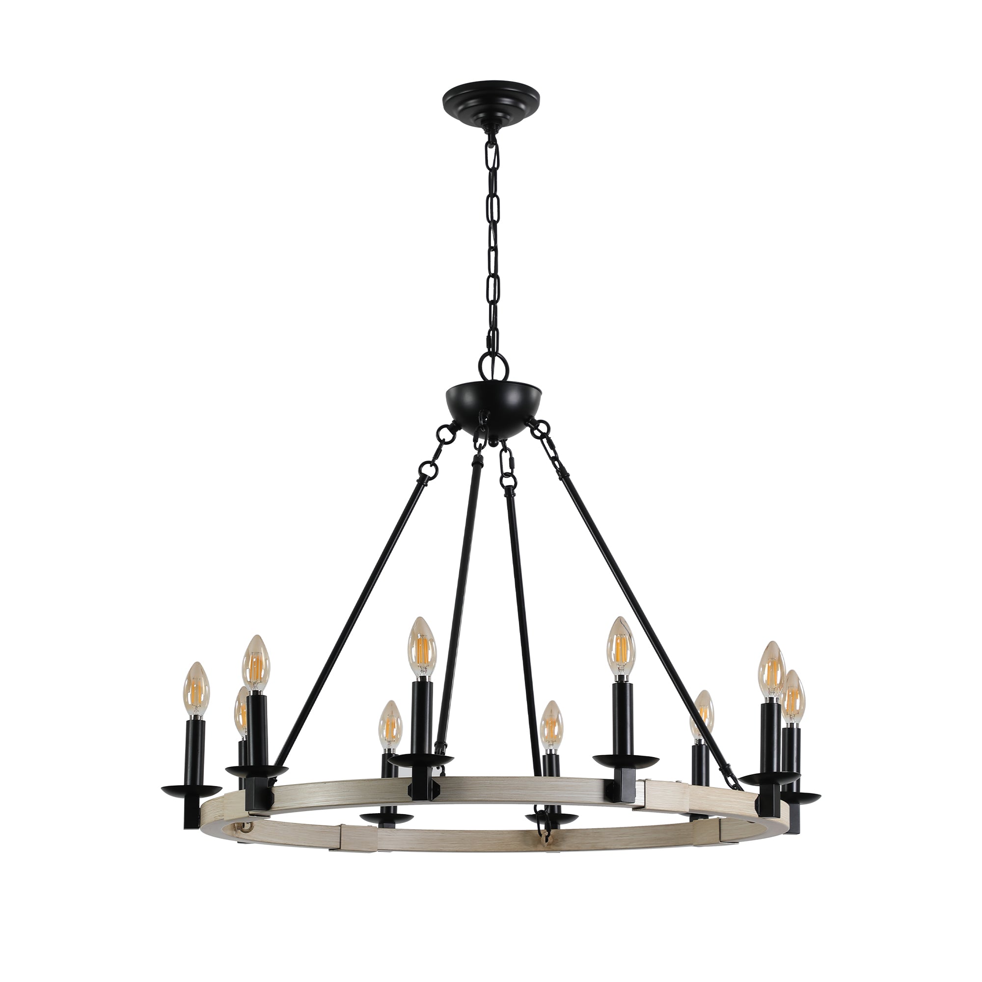 koorbiir ca1 32" Rustic Farmhouse Candle Chandelier, 10-Light Black Metal and Wood Round Hanging Light Fixture for Dining Room, Kitchen & Living Room, Adjustable Height, E12 Bulb Base (No Bulbs)