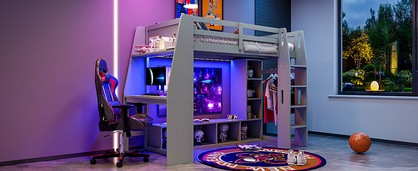 koorbiir G4 Wood Full Size Gaming Loft Bed with Built-In Gaming Desk, Multi-Storage Shelves, LED & Hanging Clothes Rack ¨C Gray