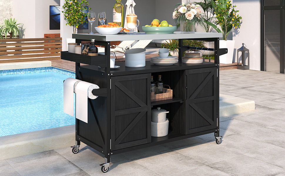 koorbiir k4 K&K Outdoor Kitchen Island & Rolling Bar Cart ¨C Solid Wood Grill Table with Stainless Steel Top, Spice & Towel Rack, Lockable Wheels for Patio, BBQ & Kitchen Storage, Grey Blue
