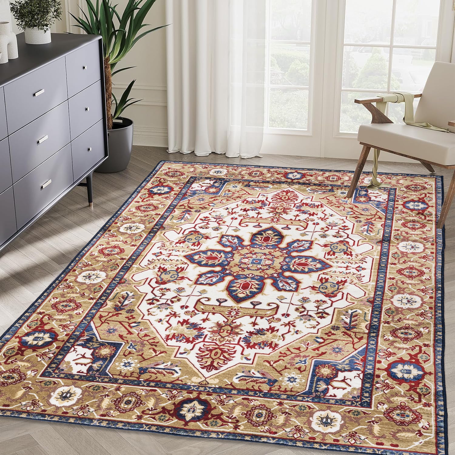 koorbiir R3 6x9 Vintage Bohemian Persian Area Rug ¨C Non-Slip Washable Rugs with Blue & Gold Floral Design for Living Room, Kitchen, Bedroom