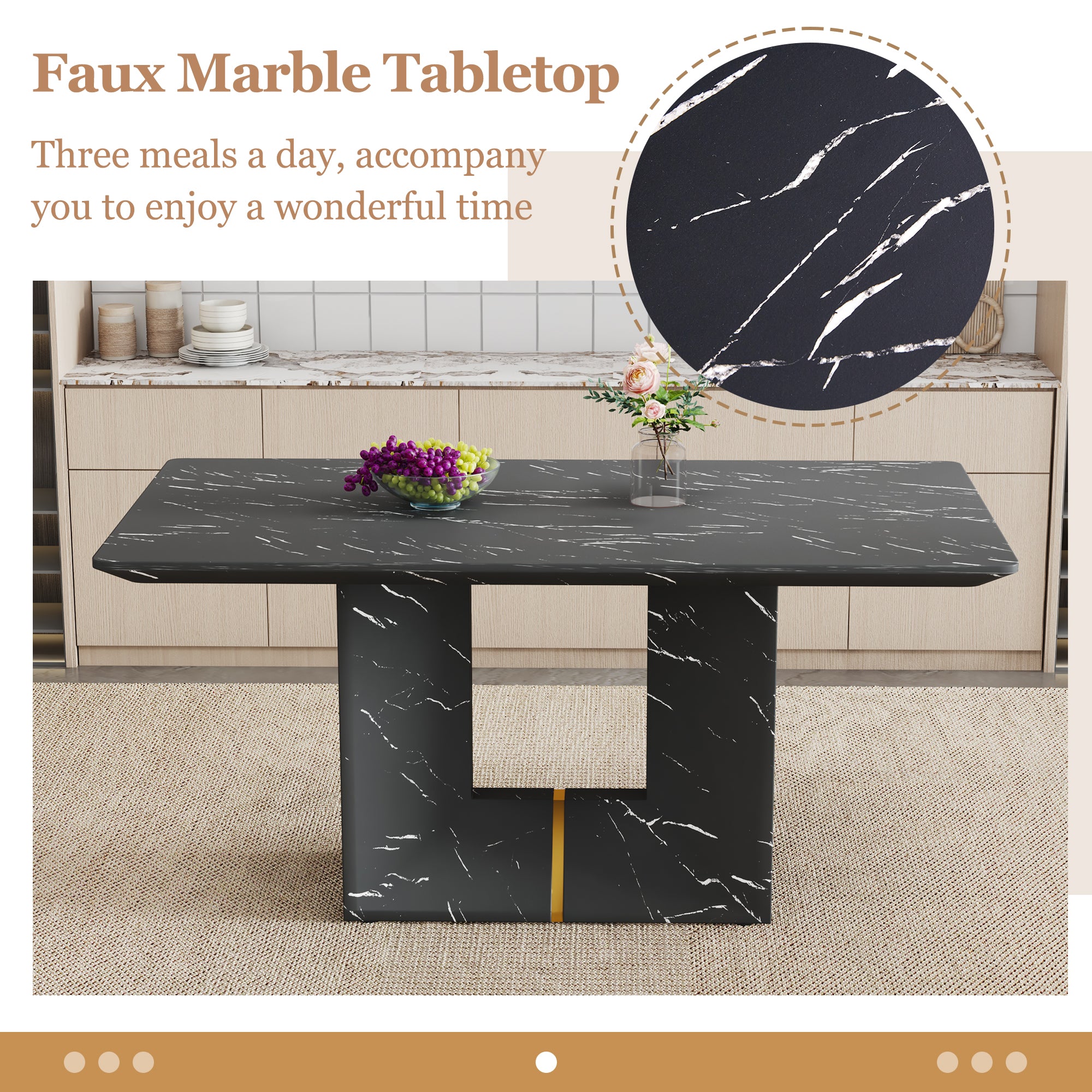 63" x 35.4" Black Marble Pattern Dining Table Set with 4 Dark Gray Linen Chairs ¨C Modern MDF Table with O-Shaped Legs, Metal Frame & Table Linens for Kitchen or Dining Room