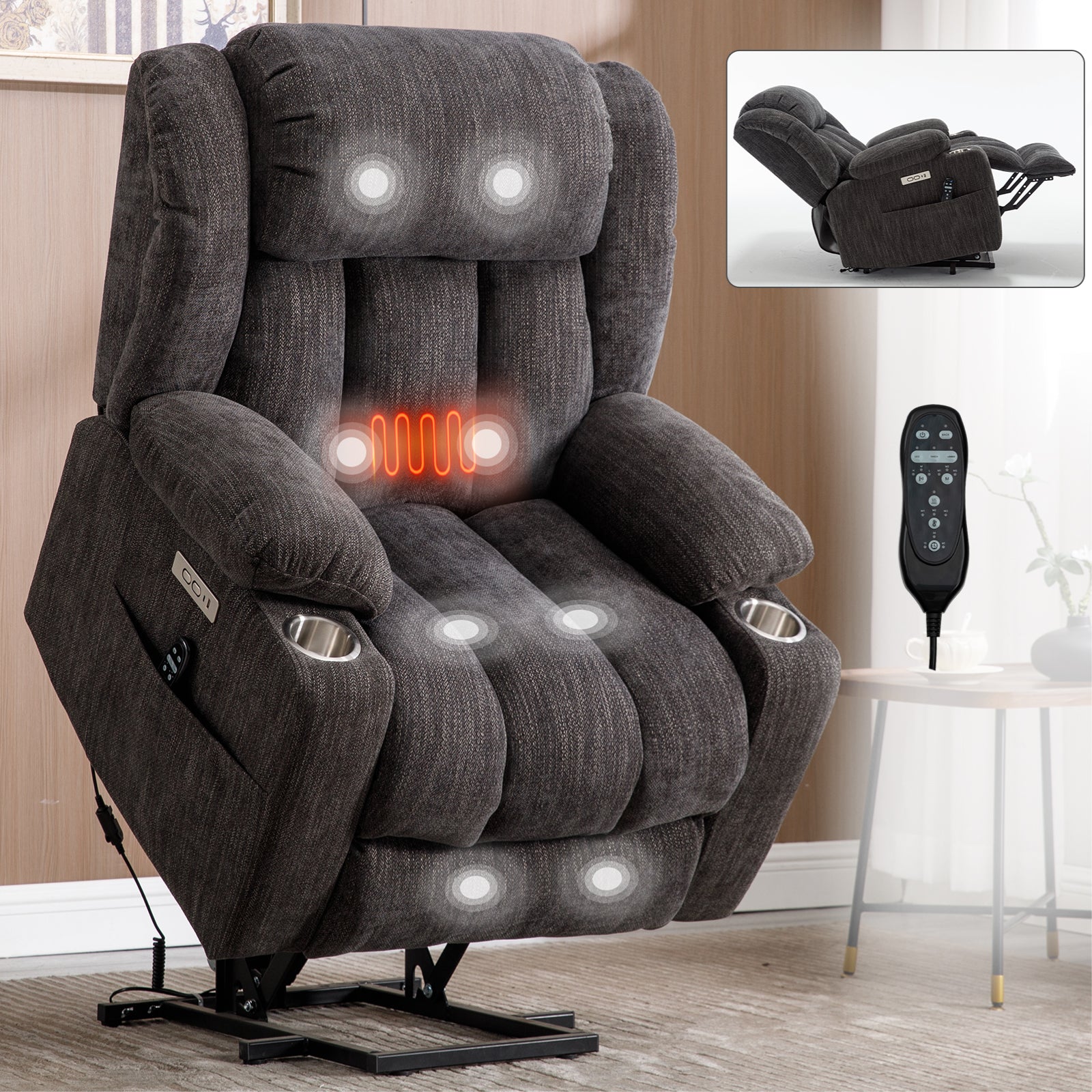 Up to 350 LBS Chenille Power Lift Massage Chair with 8-Point Vibration, Lumbar Heating, USB & Type-C Ports, Stainless Steel Cup Holders ¨C Blue