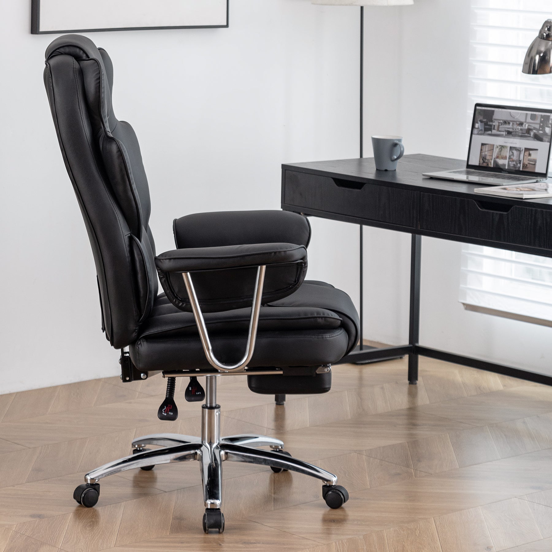 Office Chair, Big and Tall Executive Office Chair with Footrest, Leather Computer Chair, Ergonomic Reclining Chair High Back, Large Home Office Chair (Black) - Koorbiir