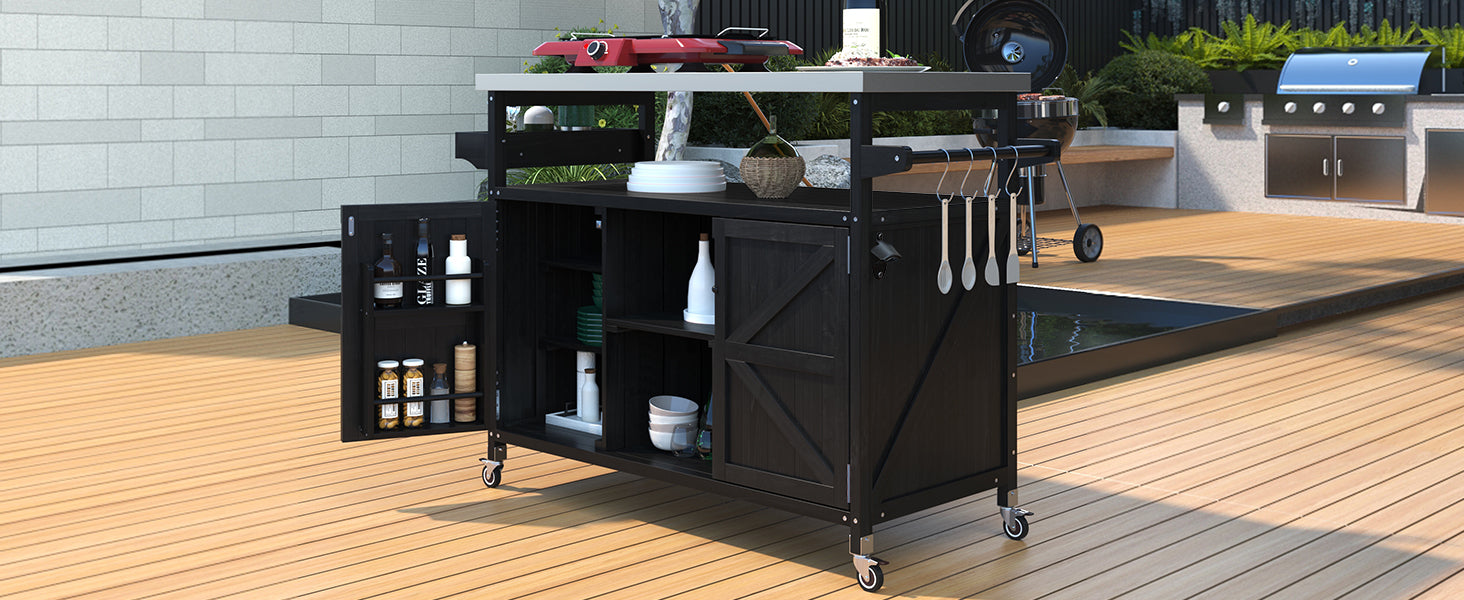 koorbiir k4 K&K Outdoor Kitchen Island & Rolling Bar Cart ¨C Solid Wood Grill Table with Stainless Steel Top, Spice & Towel Rack, Lockable Wheels for Patio, BBQ & Kitchen Storage, Grey Blue