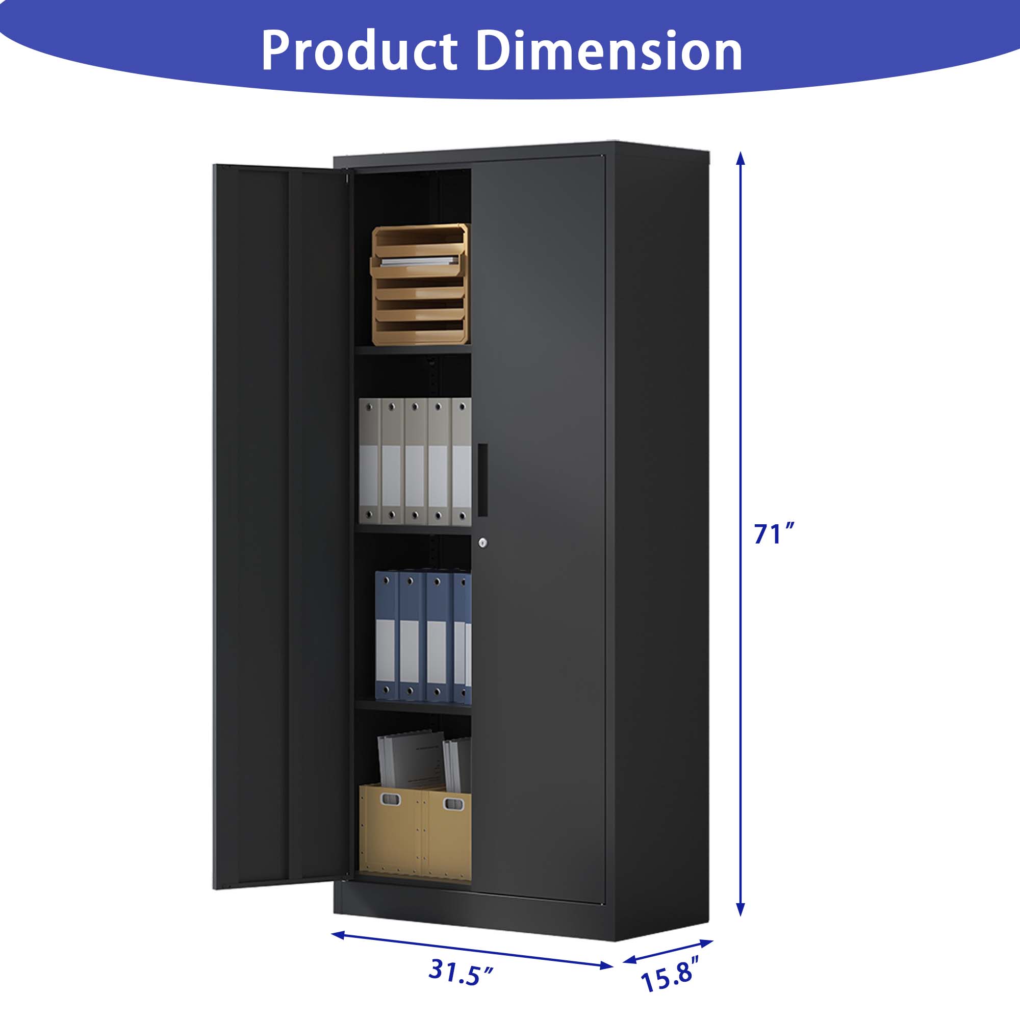 71" Tall Metal Garage Storage Cabinet ¨C Black Locking Tool Steel Cabinet with Doors & 3 Adjustable Shelves, Multipurpose Office Cabinet for Home, Garage, Classroom, Pantry