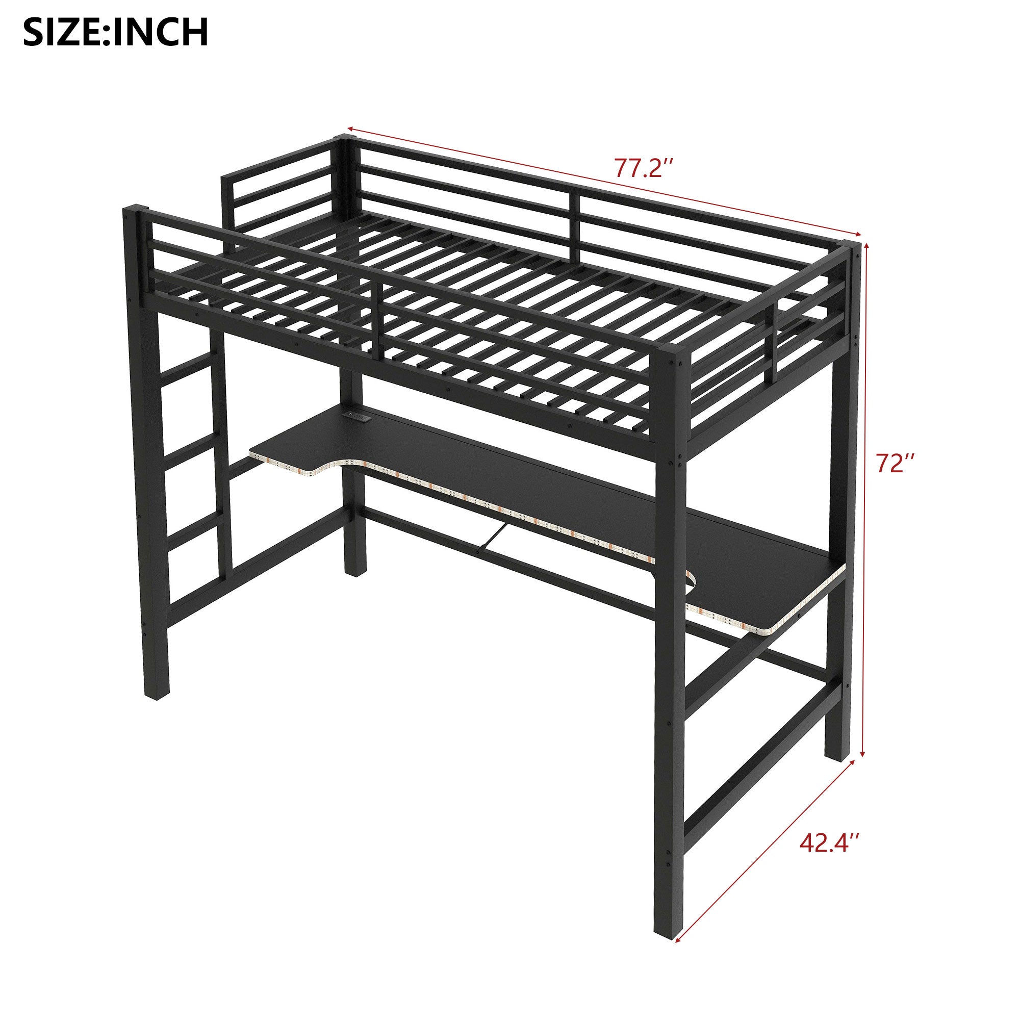 koorbiir G3 Full Size Metal Loft Bed with Built-In Gaming Desk, LED Light & USB Charging Station ¨C Black