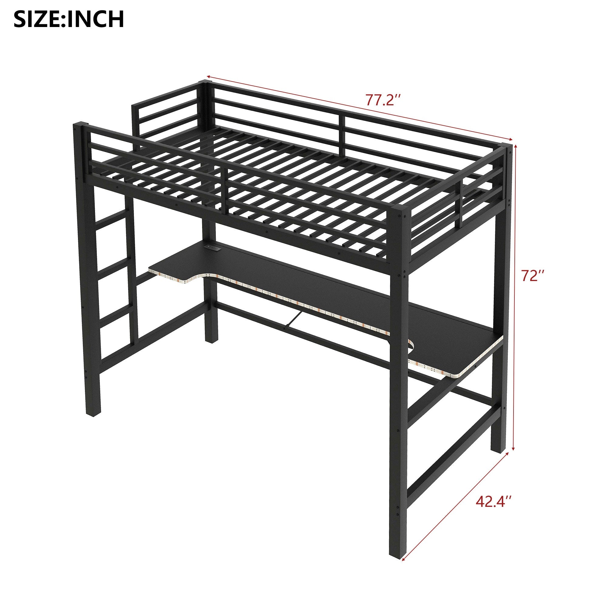 koorbiir G3 Full Size Metal Loft Bed with Built - In Gaming Desk, LED Light & USB Charging Station ¨C Black - Koorbiir
