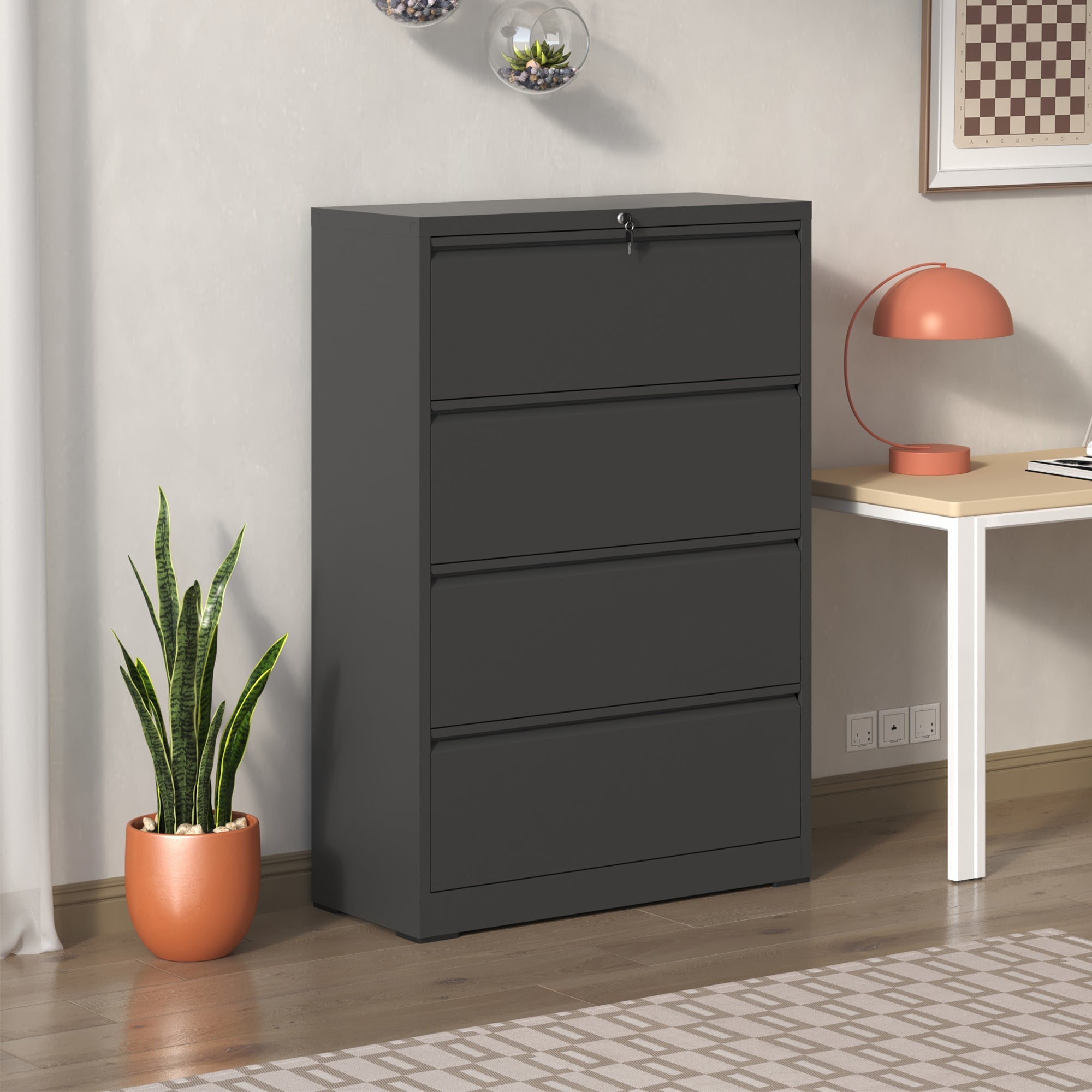 koorbiir of3 4 - Drawer Lateral File Cabinet with Lock ¨C Black Lockable Office Cabinet for Home, Legal, Letter, A4, F4 Documents - Koorbiir