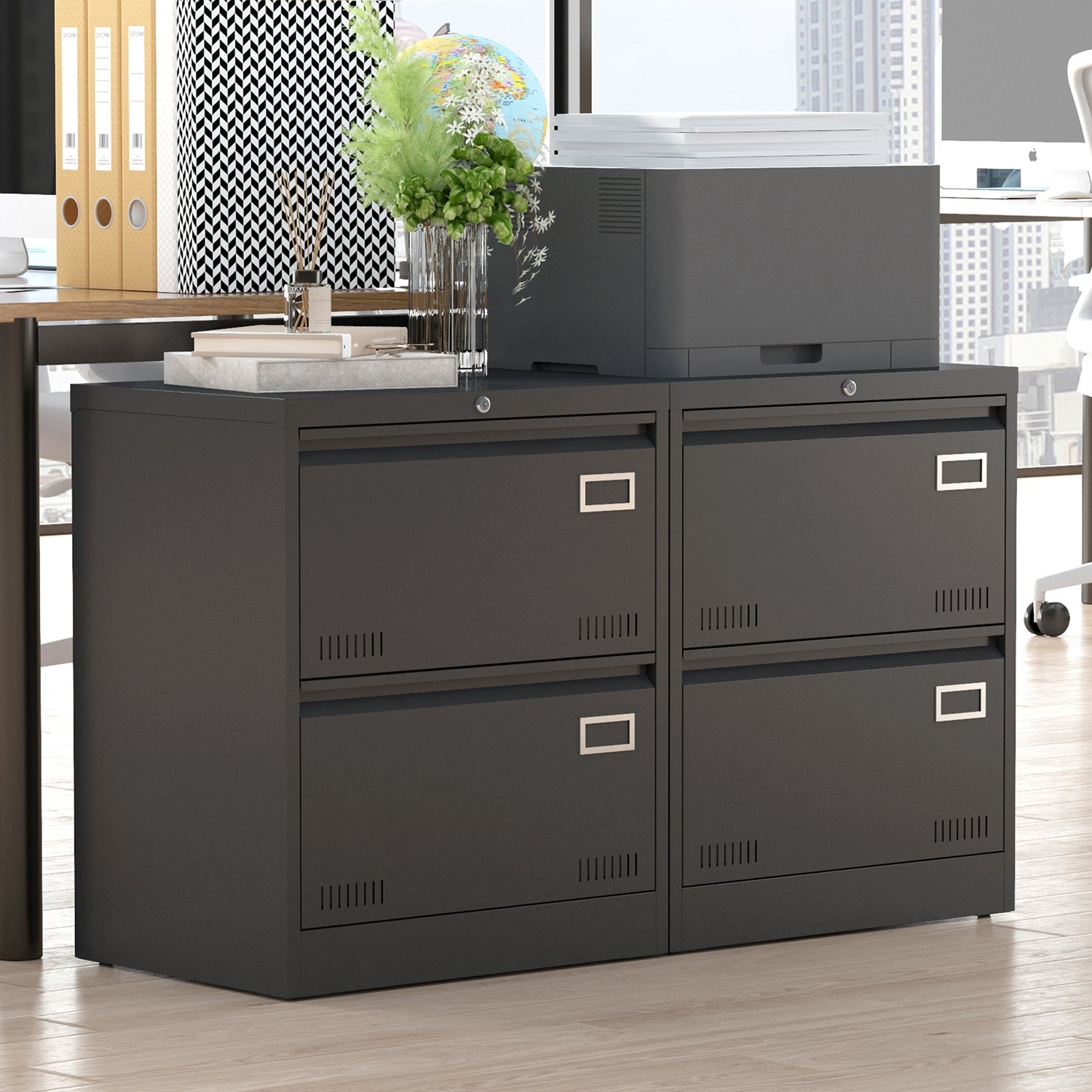 koorbiir of2 2 - Drawer Metal Lateral File Cabinet with Lock ¨C Secure Office Cabinet for Home, Legal, Letter, A4 Documents (Black, Assembly Required) - Koorbiir