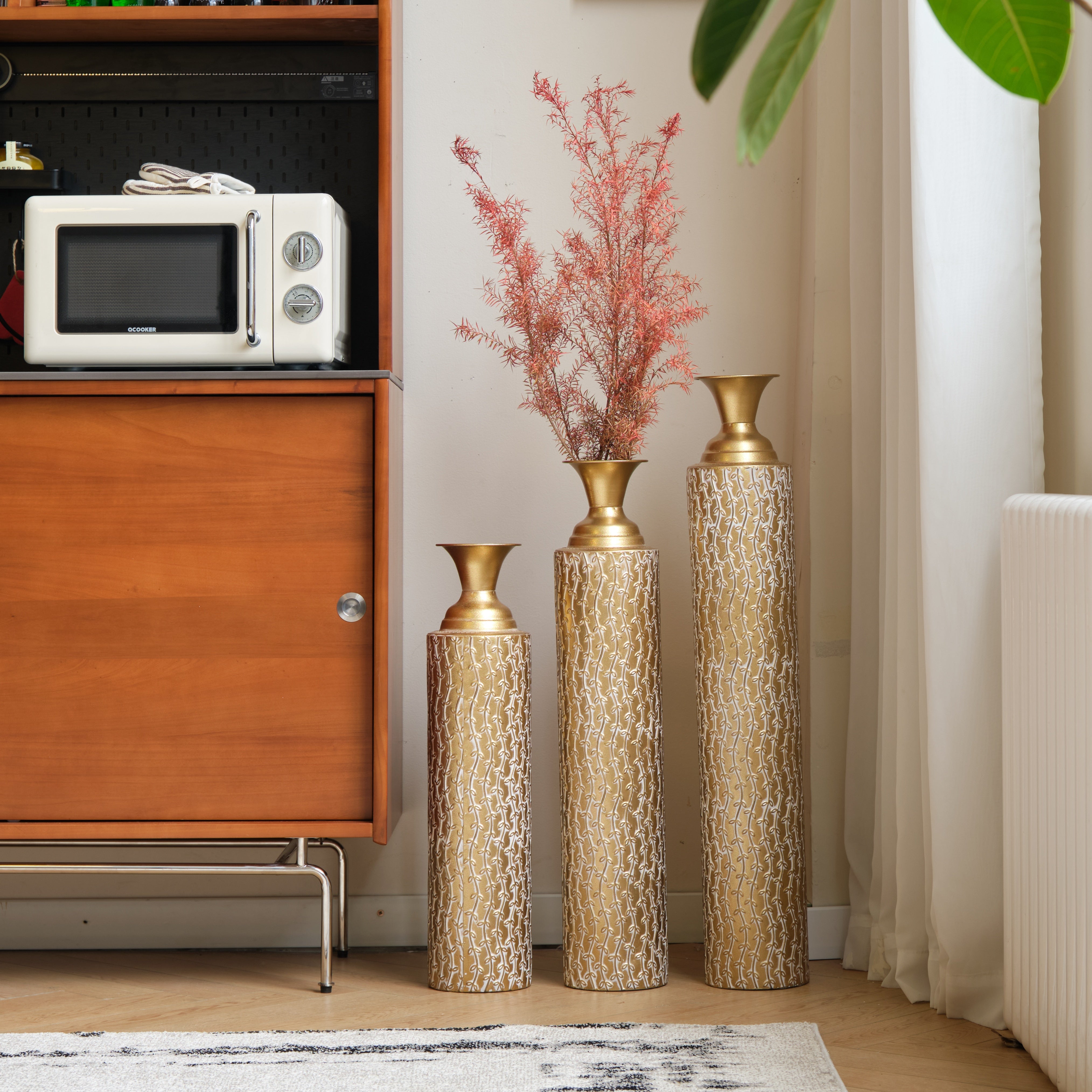 koorbiir va1 Set of 3 Gold Metal Decorative Vases ¨C Distressed Tall Floor Vases with Vine Patterns, Home D¨¦cor Centerpiece Vases (34", 29", 25"H)
