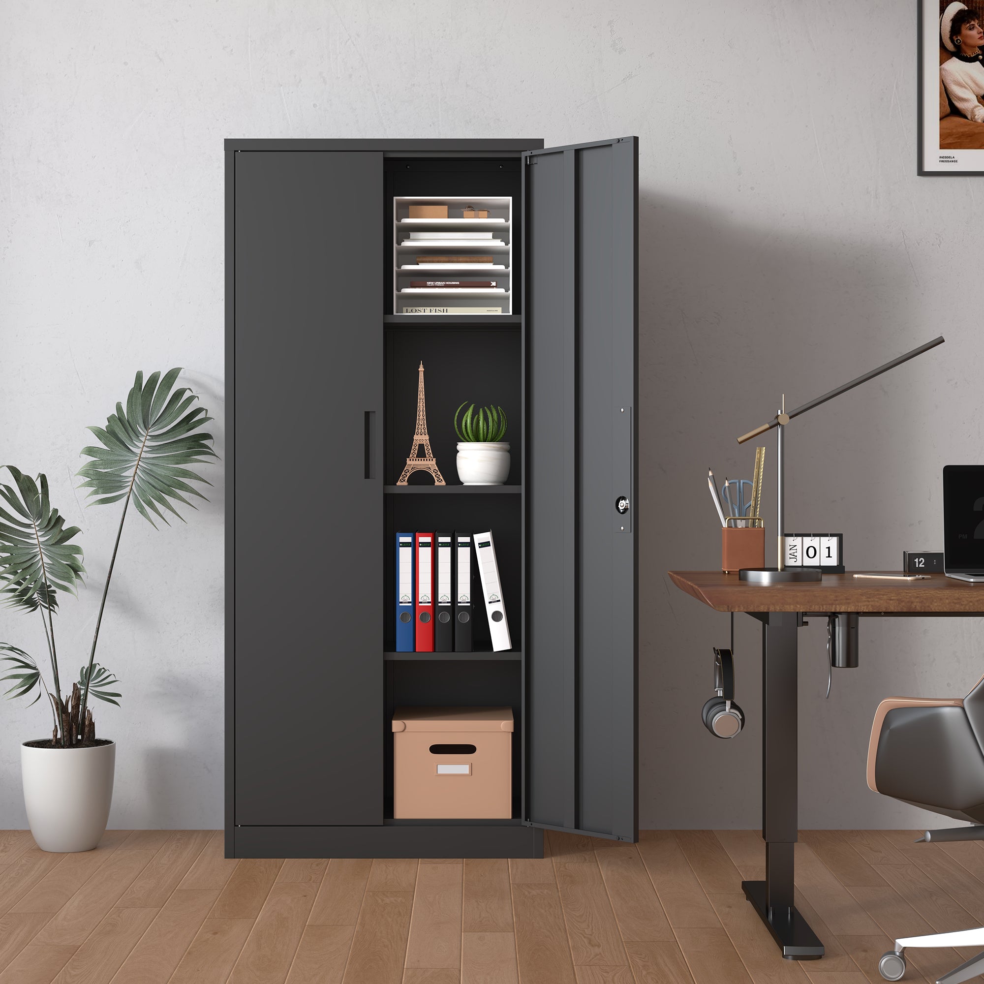 71" Tall Metal Garage Storage Cabinet ¨C Black Locking Tool Steel Cabinet with Doors & 3 Adjustable Shelves, Multipurpose Office Cabinet for Home, Garage, Classroom, Pantry