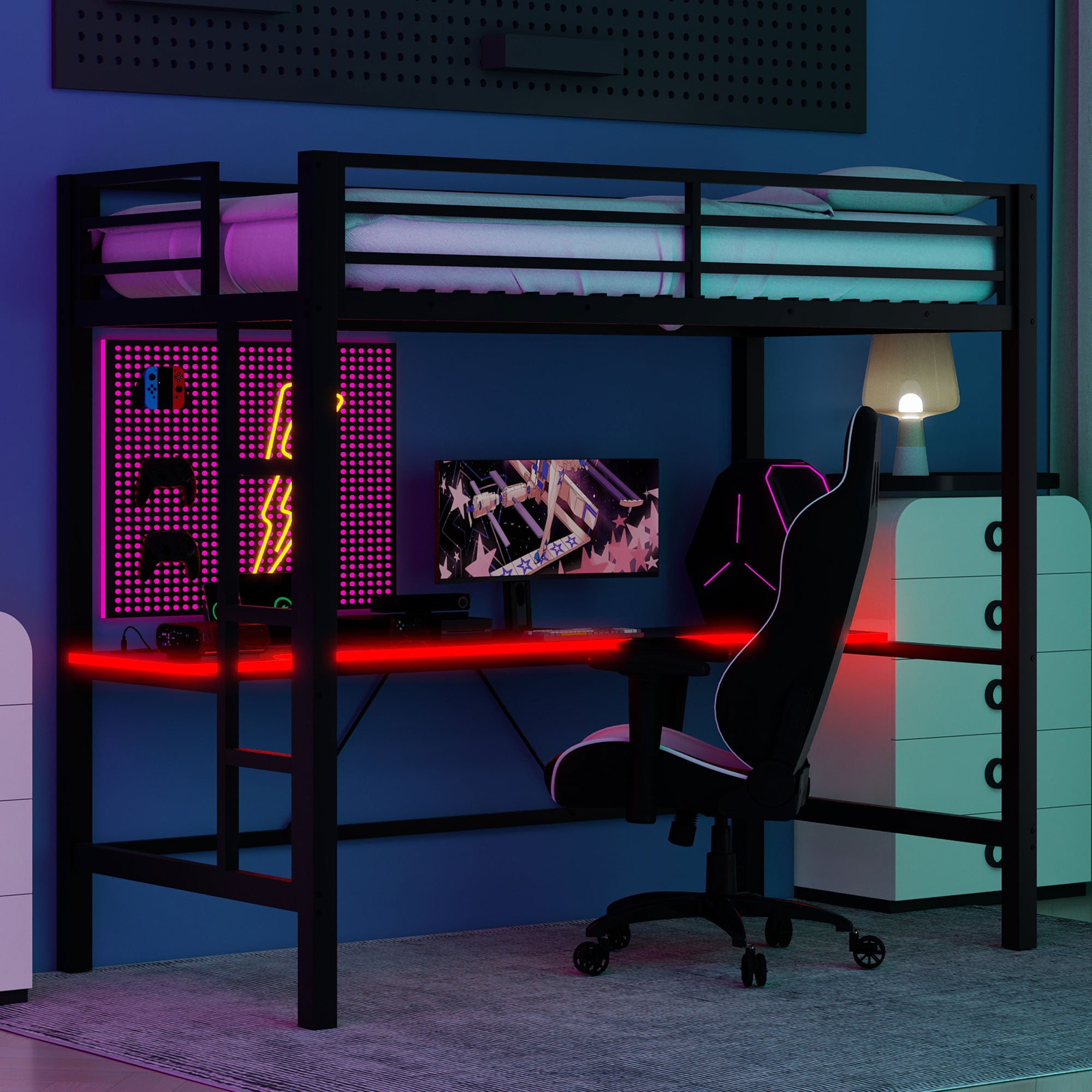 koorbiir G3 Full Size Metal Loft Bed with Built-In Gaming Desk, LED Light & USB Charging Station ¨C Black