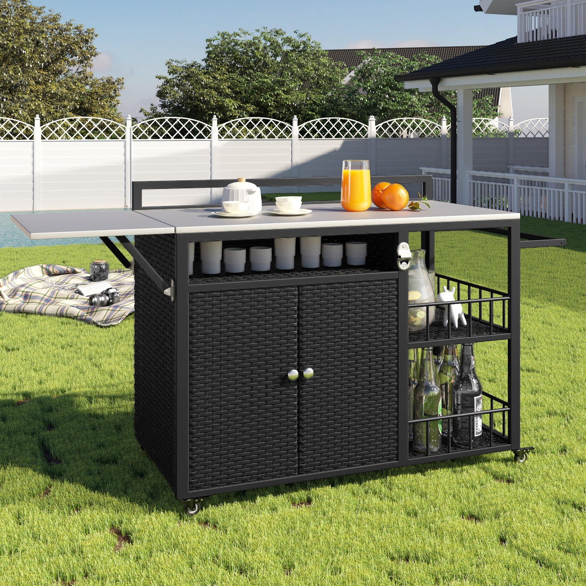 koorbiir k5 63.5" Outdoor Kitchen Island ¨C Rolling Kitchen Storage Island & Cooking Station with Foldable Side Tabletop, Ample Storage, Bottle Opener, Lockable Wheels for Patio & Backyard BBQ, Dark Brown - Koorbiir