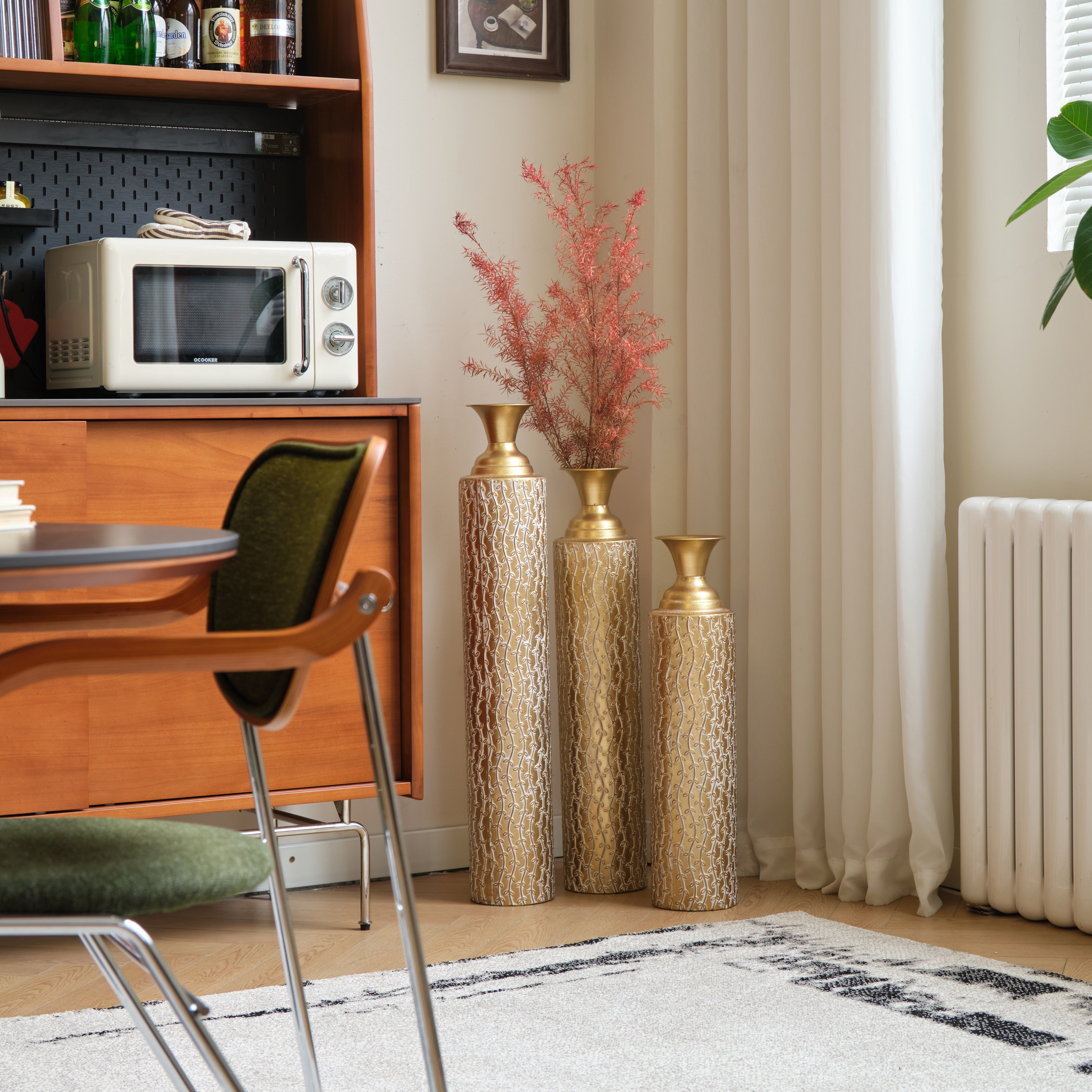 koorbiir va1 Set of 3 Gold Metal Decorative Vases ¨C Distressed Tall Floor Vases with Vine Patterns, Home D¨¦cor Centerpiece Vases (34", 29", 25"H)