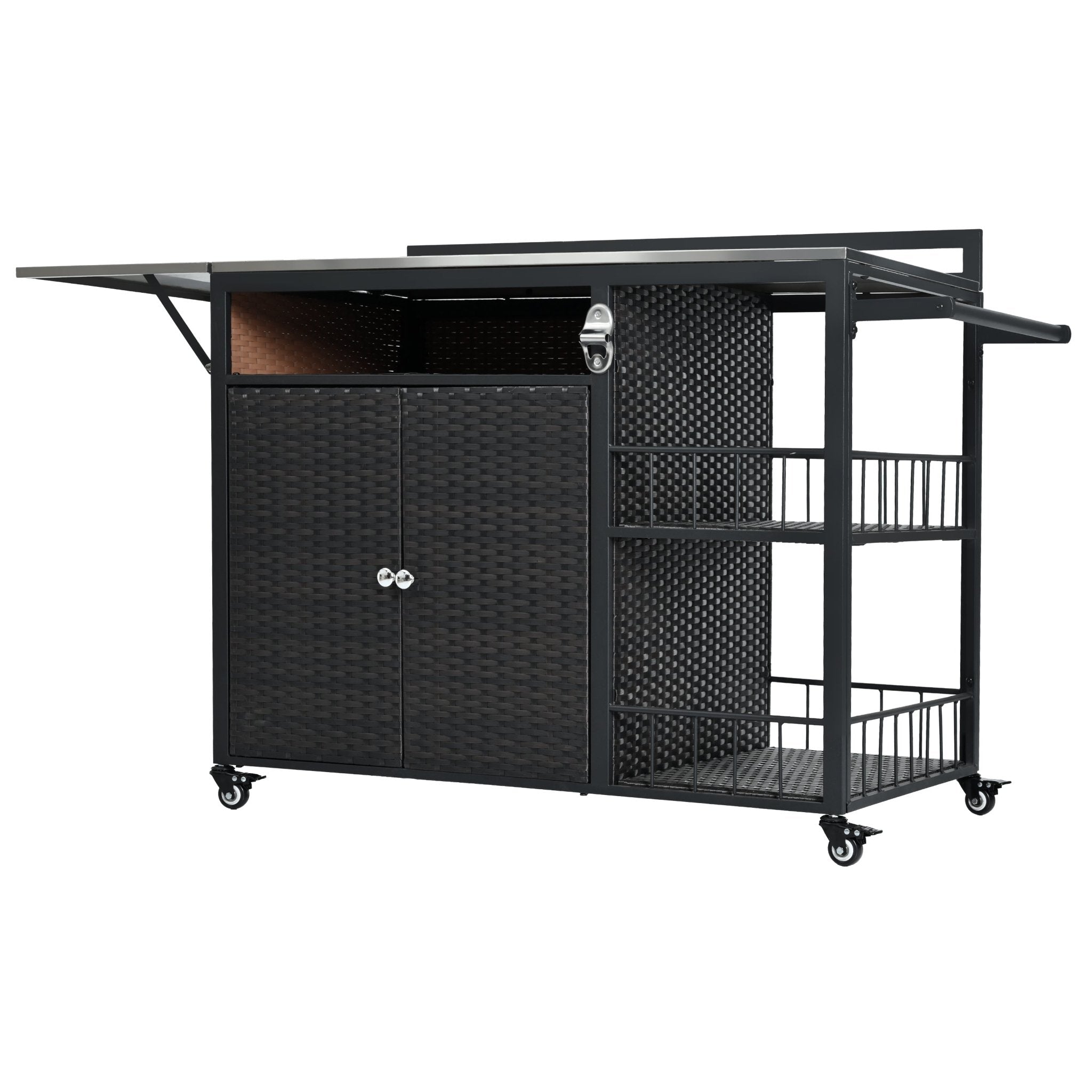 koorbiir k5 63.5" Outdoor Kitchen Island ¨C Rolling Kitchen Storage Island & Cooking Station with Foldable Side Tabletop, Ample Storage, Bottle Opener, Lockable Wheels for Patio & Backyard BBQ, Dark Brown - Koorbiir