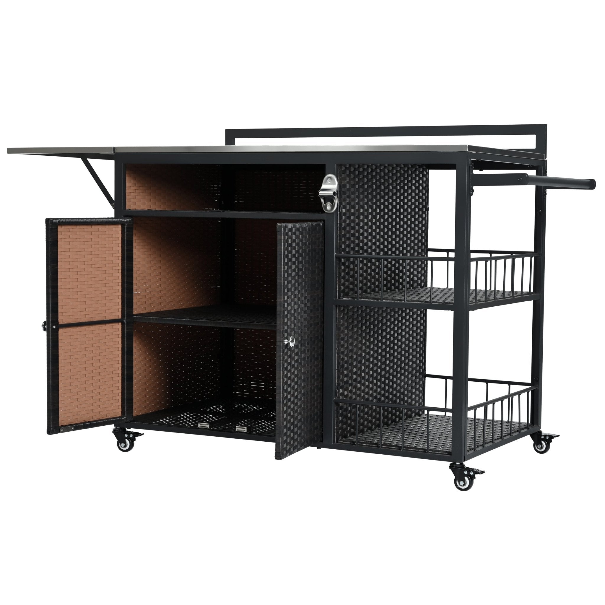 koorbiir k5 63.5" Outdoor Kitchen Island ¨C Rolling Kitchen Storage Island & Cooking Station with Foldable Side Tabletop, Ample Storage, Bottle Opener, Lockable Wheels for Patio & Backyard BBQ, Dark Brown - Koorbiir