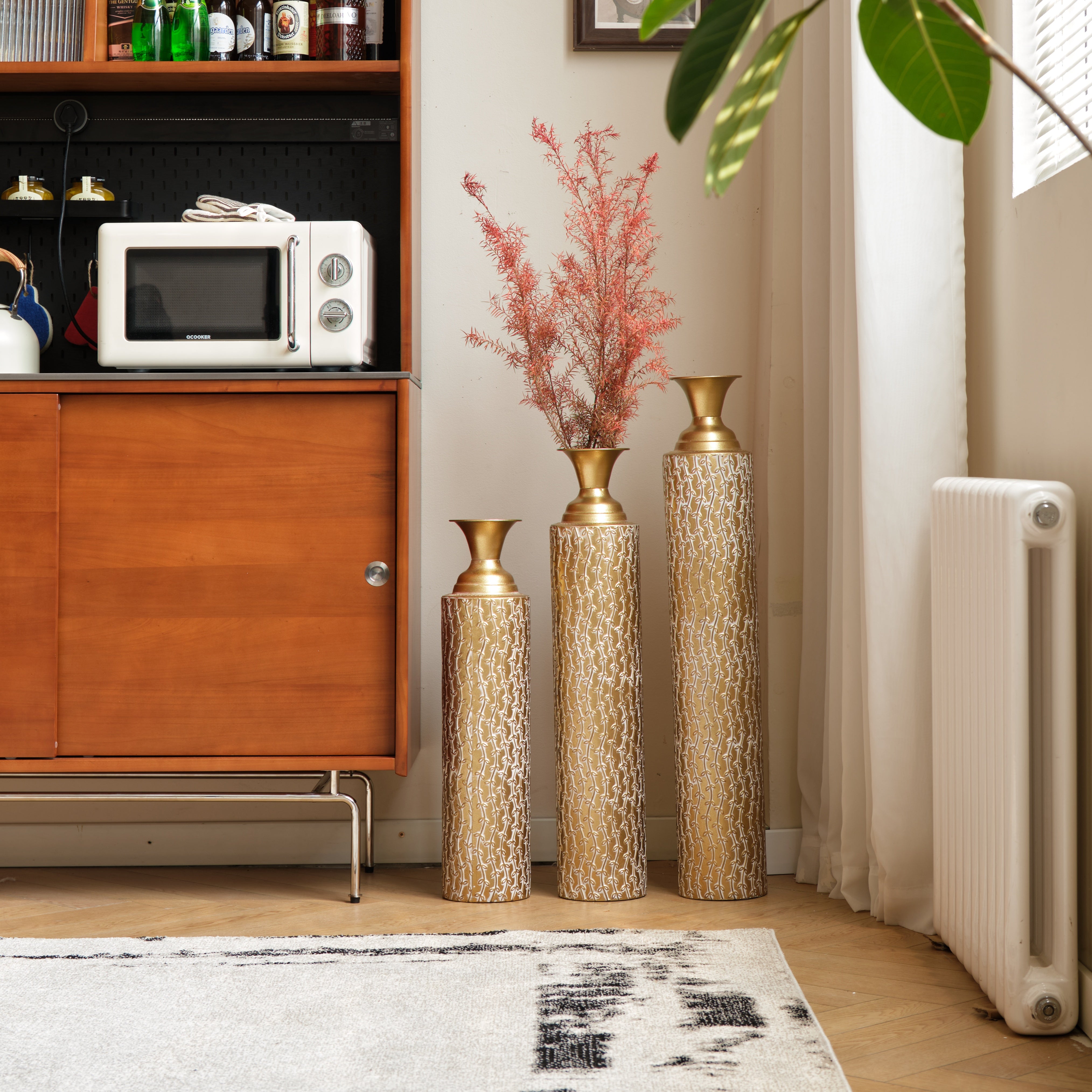 koorbiir va1 Set of 3 Gold Metal Decorative Vases ¨C Distressed Tall Floor Vases with Vine Patterns, Home D¨¦cor Centerpiece Vases (34", 29", 25"H)