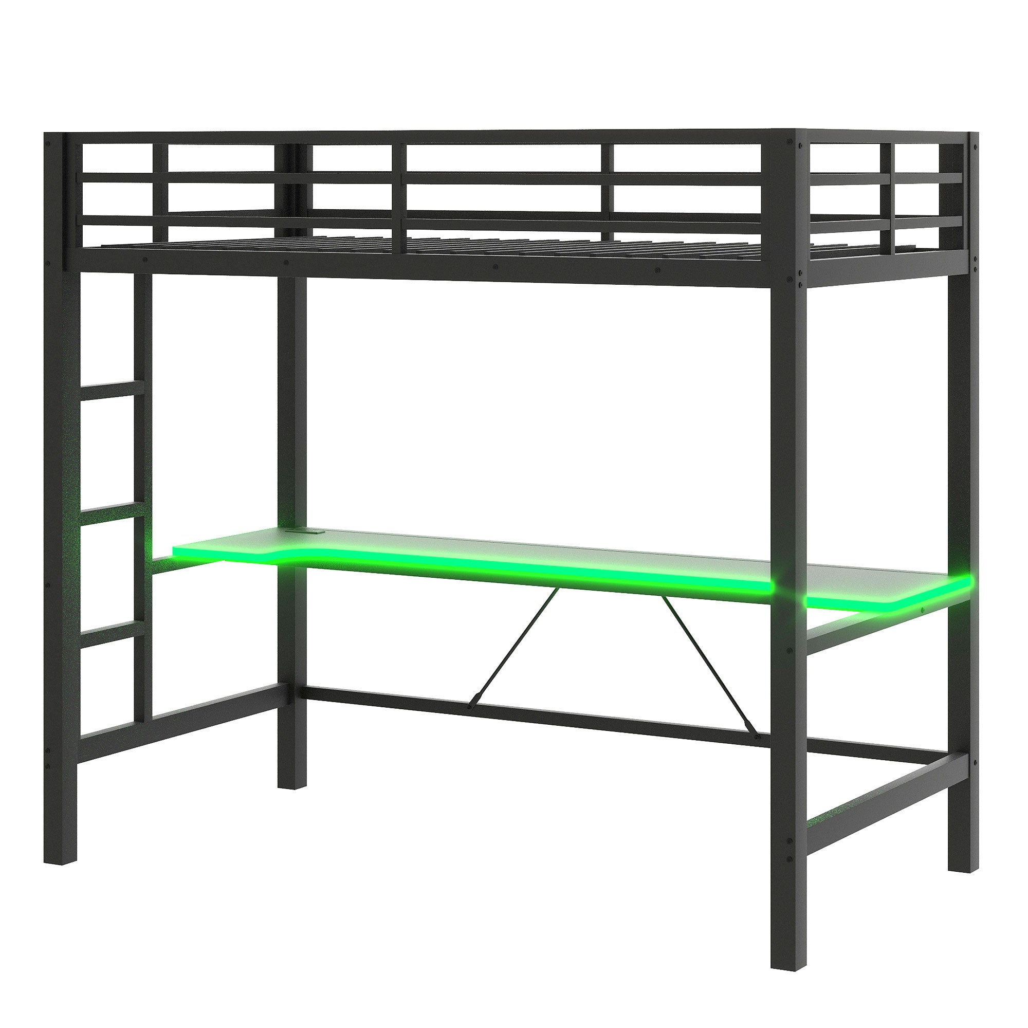 koorbiir G3 Full Size Metal Loft Bed with Built-In Gaming Desk, LED Light & USB Charging Station ¨C Black