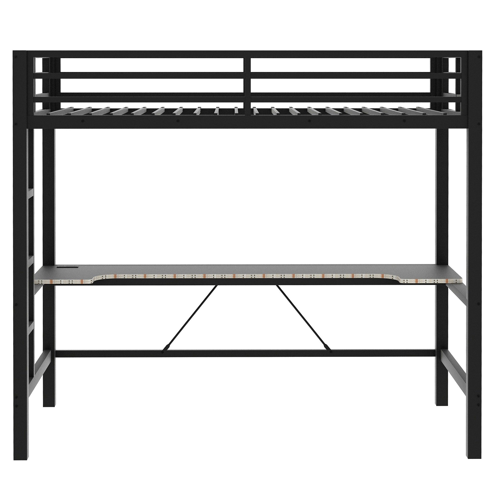 koorbiir G3 Full Size Metal Loft Bed with Built-In Gaming Desk, LED Light & USB Charging Station ¨C Black