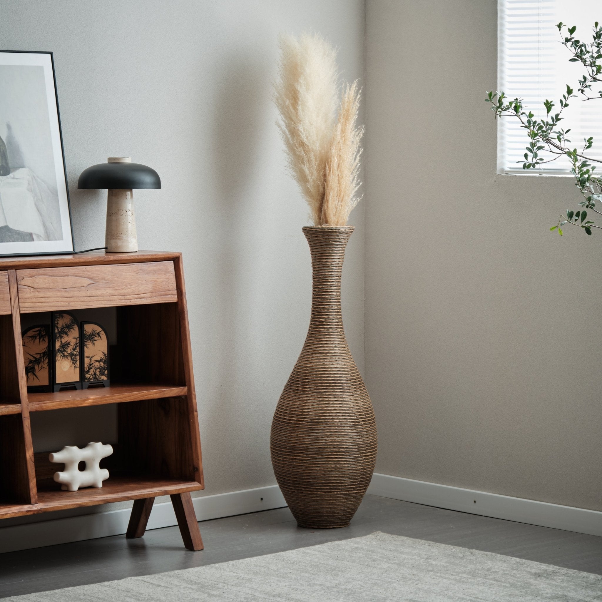 koorbiir va3 39 - Inch Tall Artificial Rattan Floor Vase in Beige ¨C Modern Decorative Vase for Living Room, Entryway, or Hallway ¨C Large Accent Vase for Dried or Silk Flowers - Koorbiir