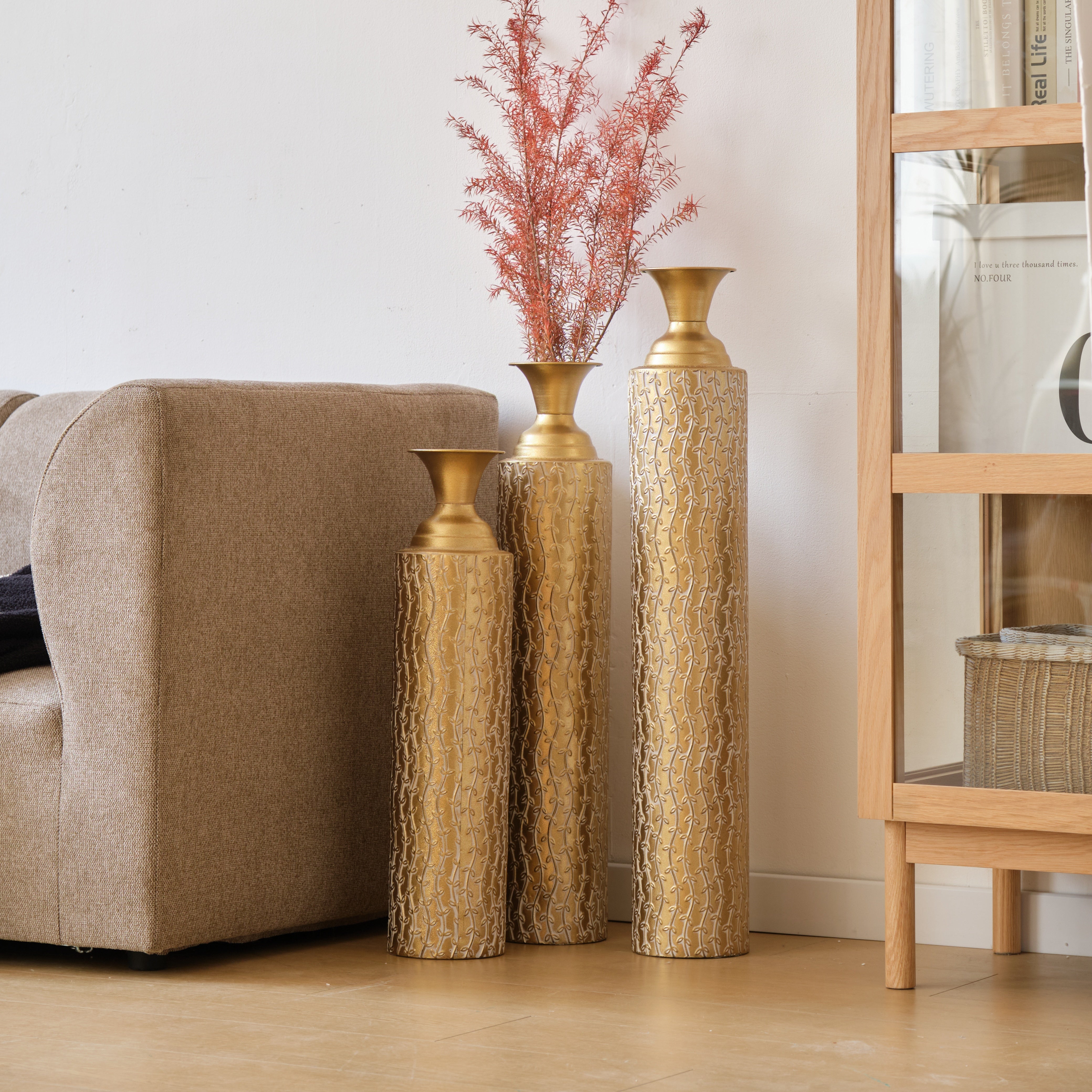koorbiir va1 Set of 3 Gold Metal Decorative Vases ¨C Distressed Tall Floor Vases with Vine Patterns, Home D¨¦cor Centerpiece Vases (34", 29", 25"H)