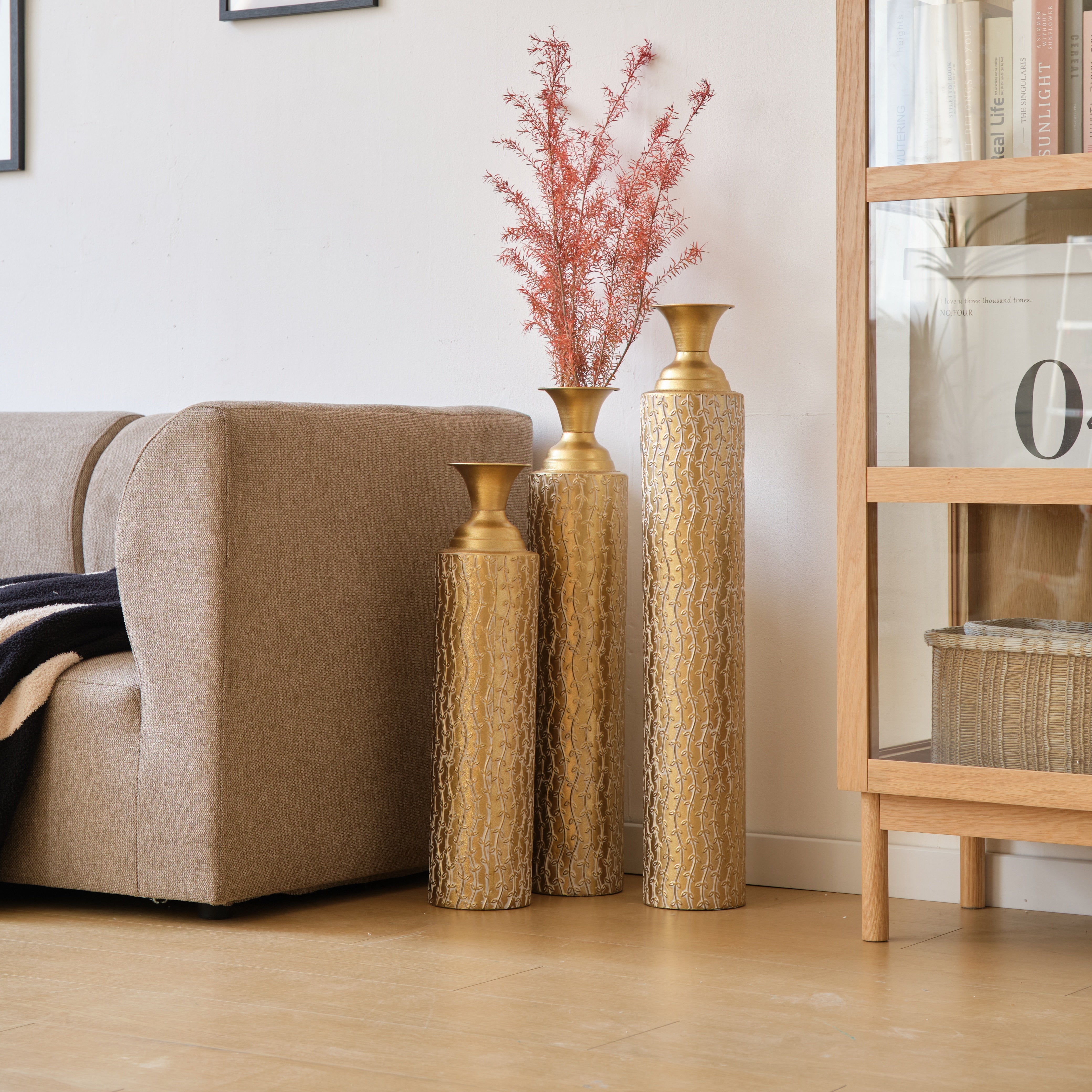 koorbiir va1 Set of 3 Gold Metal Decorative Vases ¨C Distressed Tall Floor Vases with Vine Patterns, Home D¨¦cor Centerpiece Vases (34", 29", 25"H)
