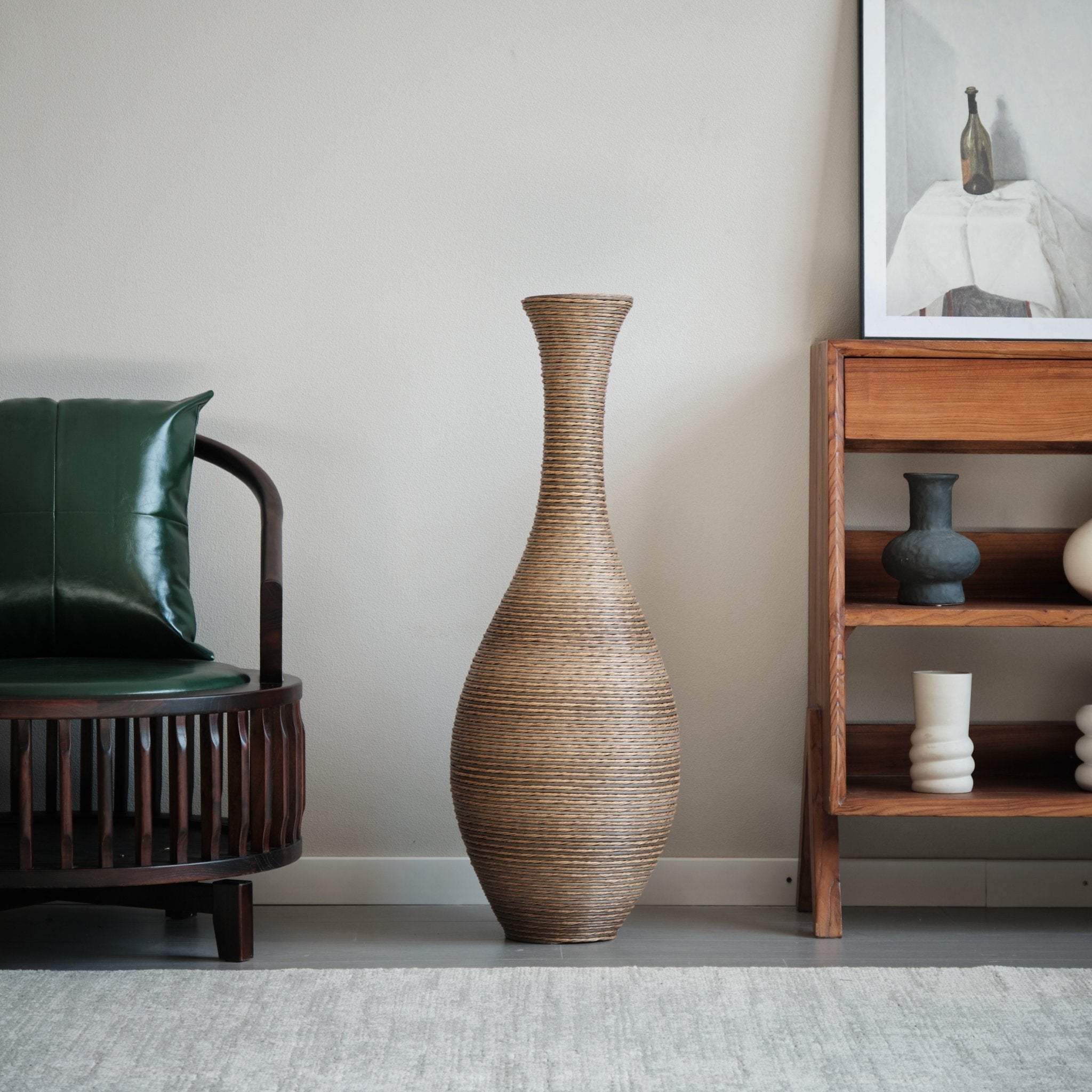 koorbiir va3 39 - Inch Tall Artificial Rattan Floor Vase in Beige ¨C Modern Decorative Vase for Living Room, Entryway, or Hallway ¨C Large Accent Vase for Dried or Silk Flowers - Koorbiir