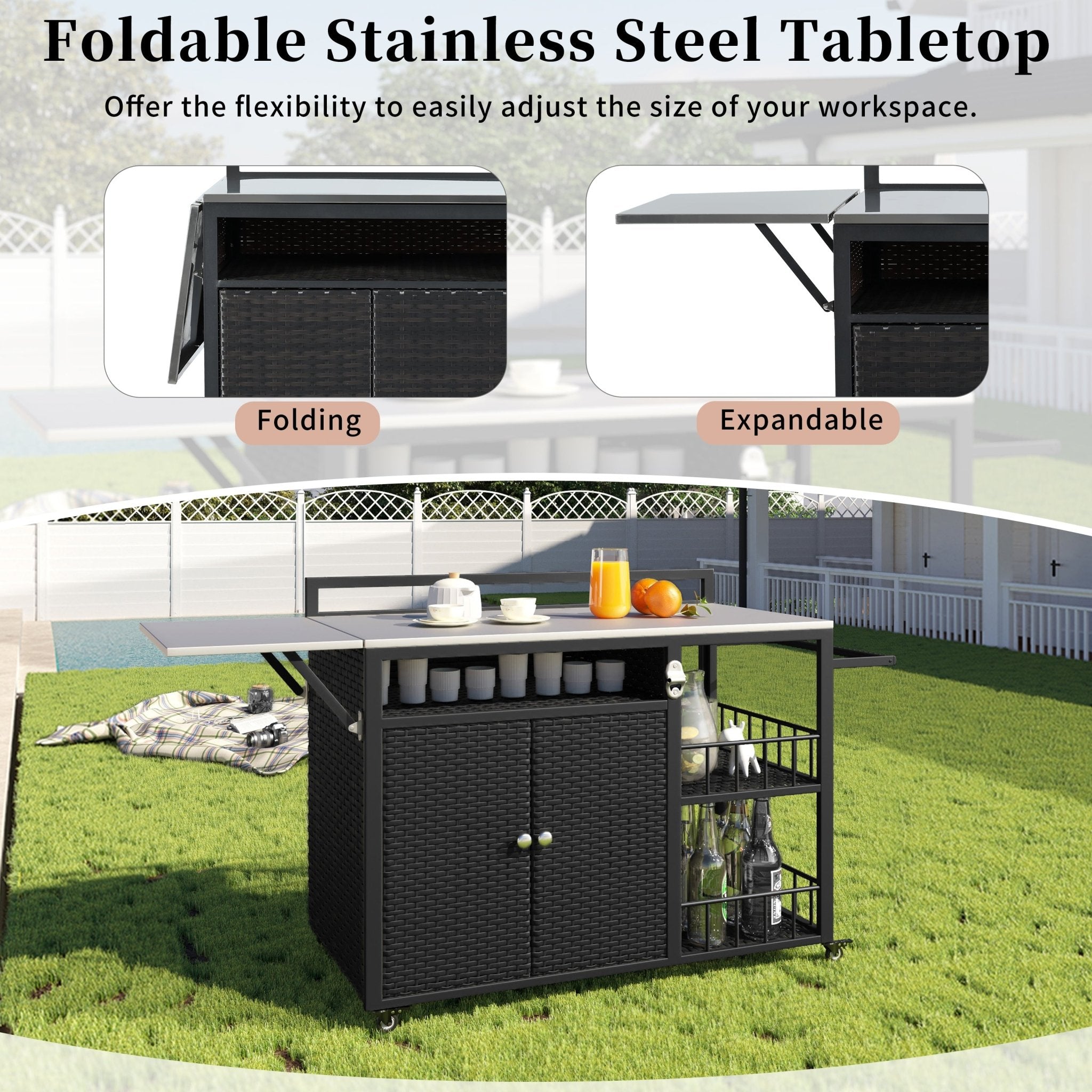 koorbiir k5 63.5" Outdoor Kitchen Island ¨C Rolling Kitchen Storage Island & Cooking Station with Foldable Side Tabletop, Ample Storage, Bottle Opener, Lockable Wheels for Patio & Backyard BBQ, Dark Brown - Koorbiir