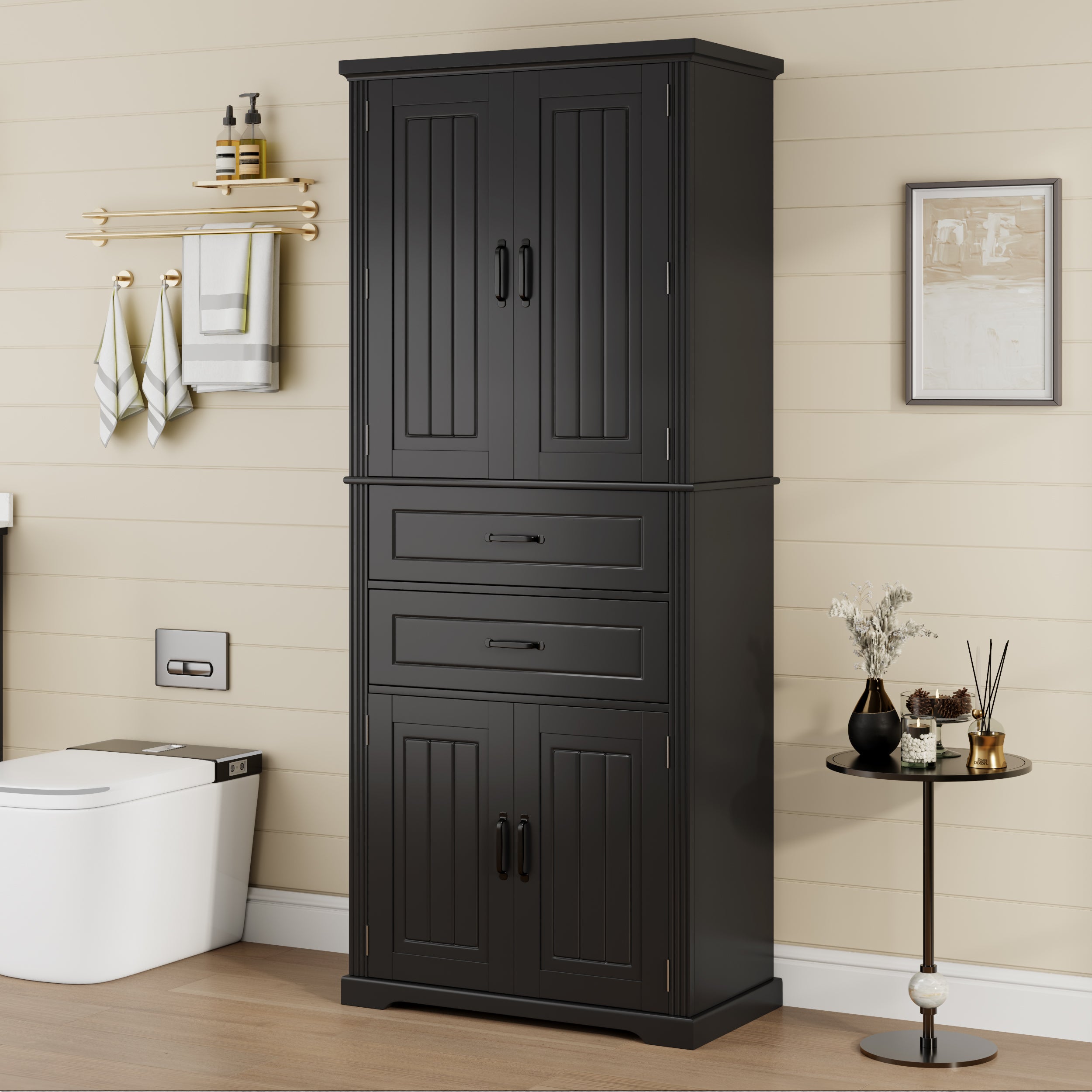 koorbiir k8 Black Storage Cabinet with Adjustable Shelves and 2 Smooth-Gliding Drawers ¨C Multi-Functional Kitchen, Bathroom, Dining, and Living Room Storage Solution