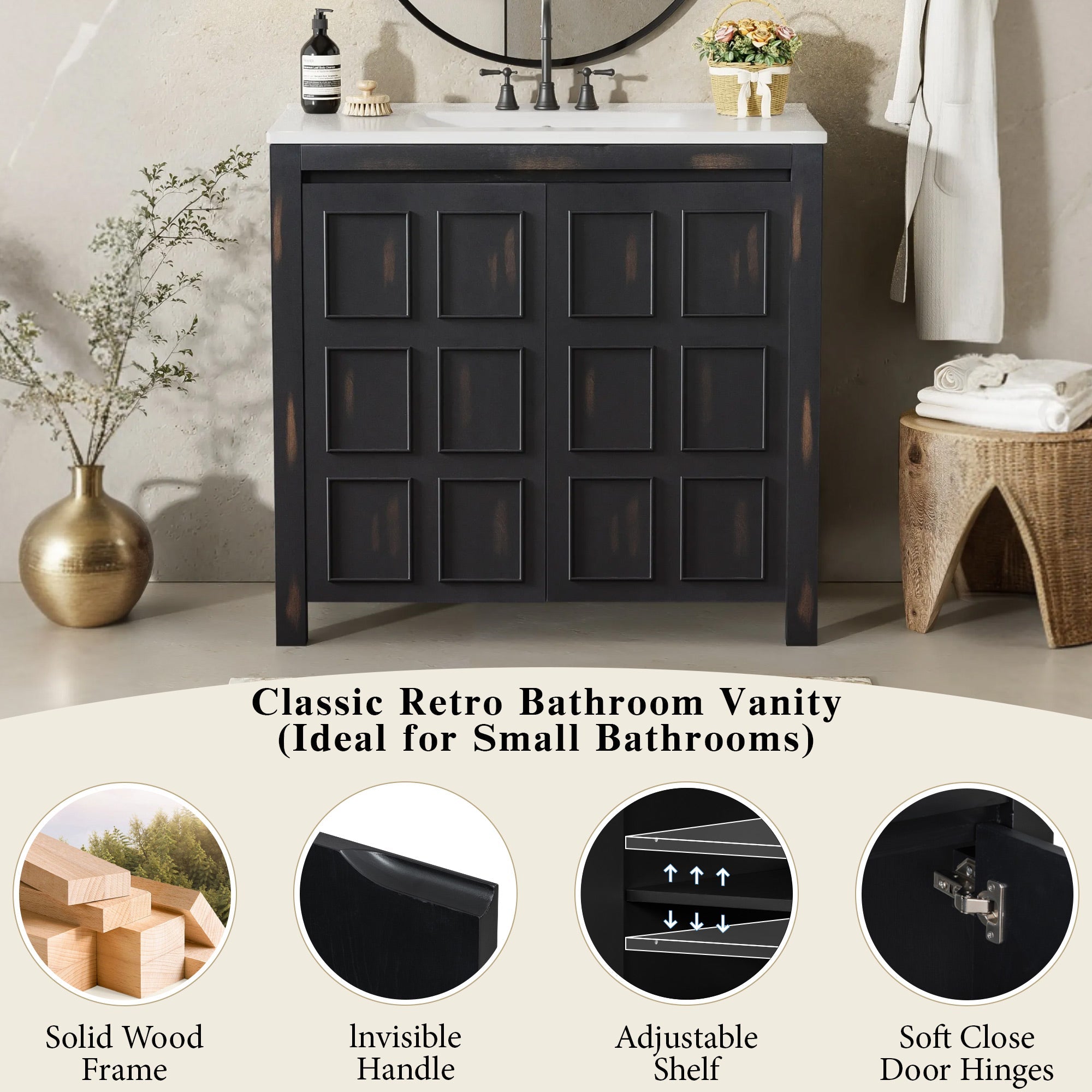 koorbiir ba1 36 Bathroom Vanity Organizer with Ceramic Sink ¨C Vintage Espresso Bathroom Storage Cabinet for Bathroom Organization - Koorbiir
