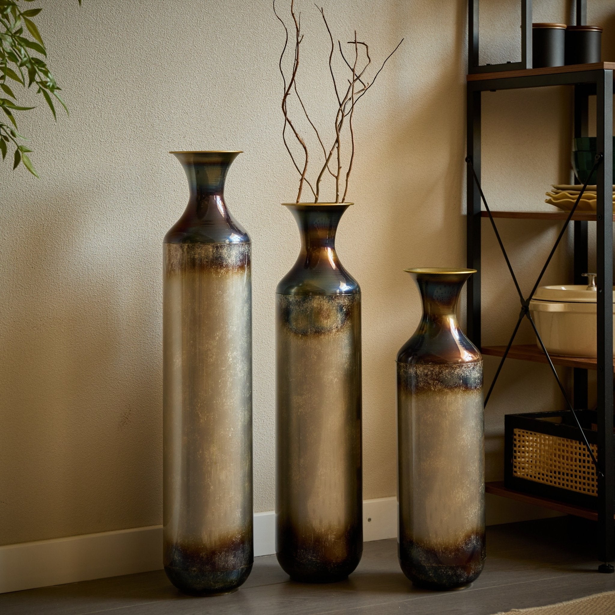 koorbiir va2 Set of 3 Modern White Metal Floor Vases ¨C Droplet Shaped Tall Decorative Vases with Gold Accents, Large Glazed Metal Vases for Home D¨¦cor - Koorbiir