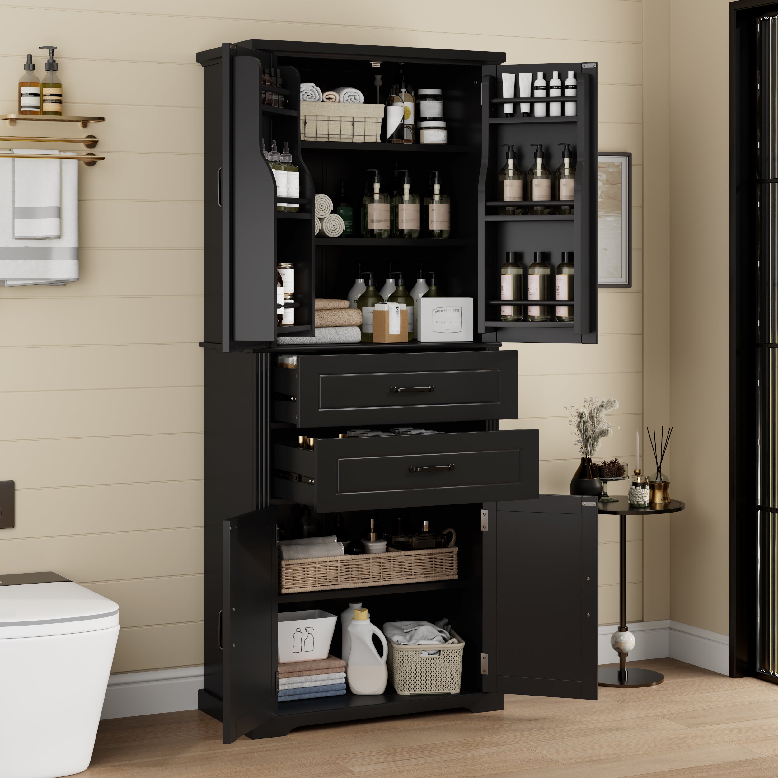 koorbiir k8 Black Storage Cabinet with Adjustable Shelves and 2 Smooth-Gliding Drawers ¨C Multi-Functional Kitchen, Bathroom, Dining, and Living Room Storage Solution