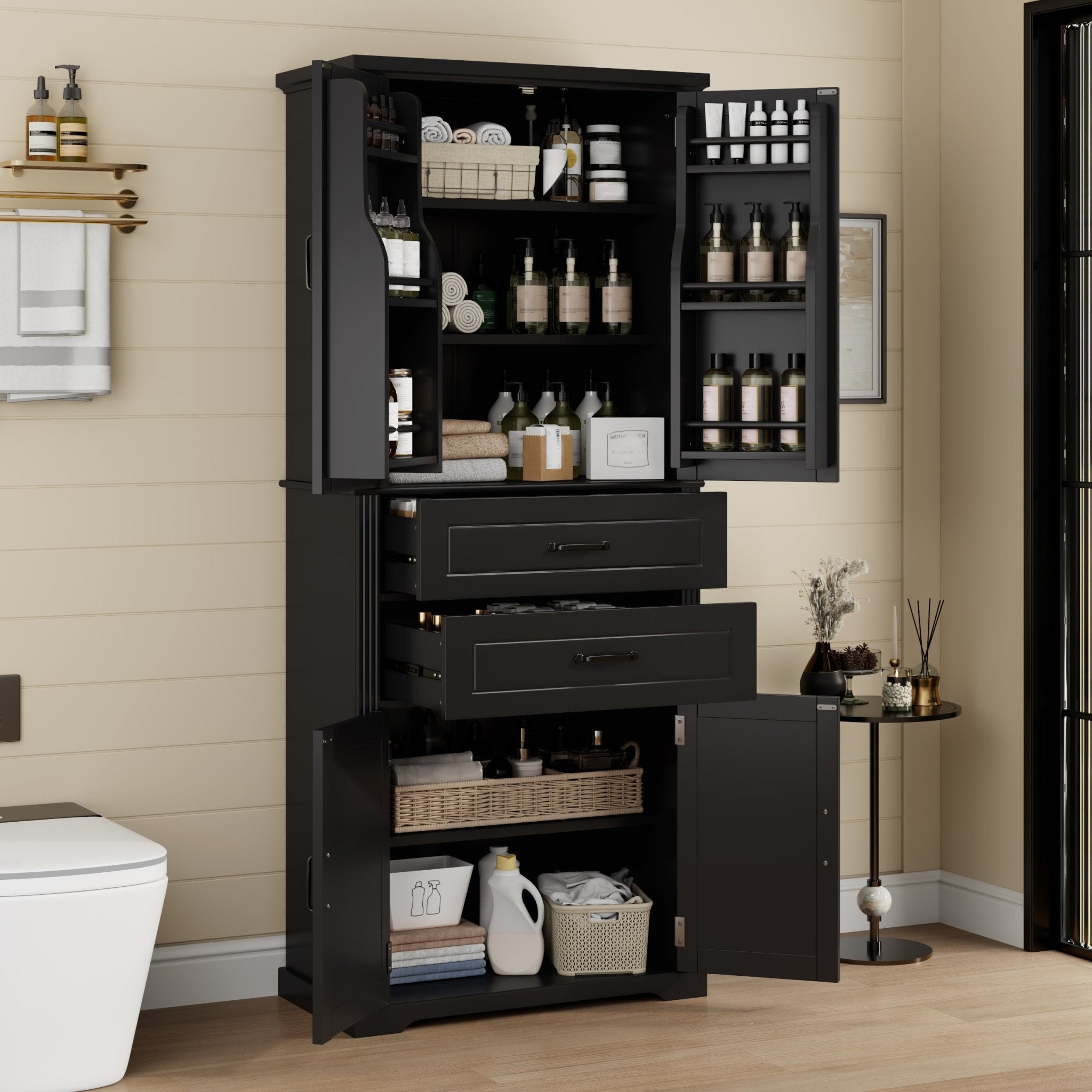 koorbiir k8 Black Storage Cabinet with Adjustable Shelves and 2 Smooth - Gliding Drawers ¨C Multi - Functional Kitchen, Bathroom, Dining, and Living Room Storage Solution - Koorbiir