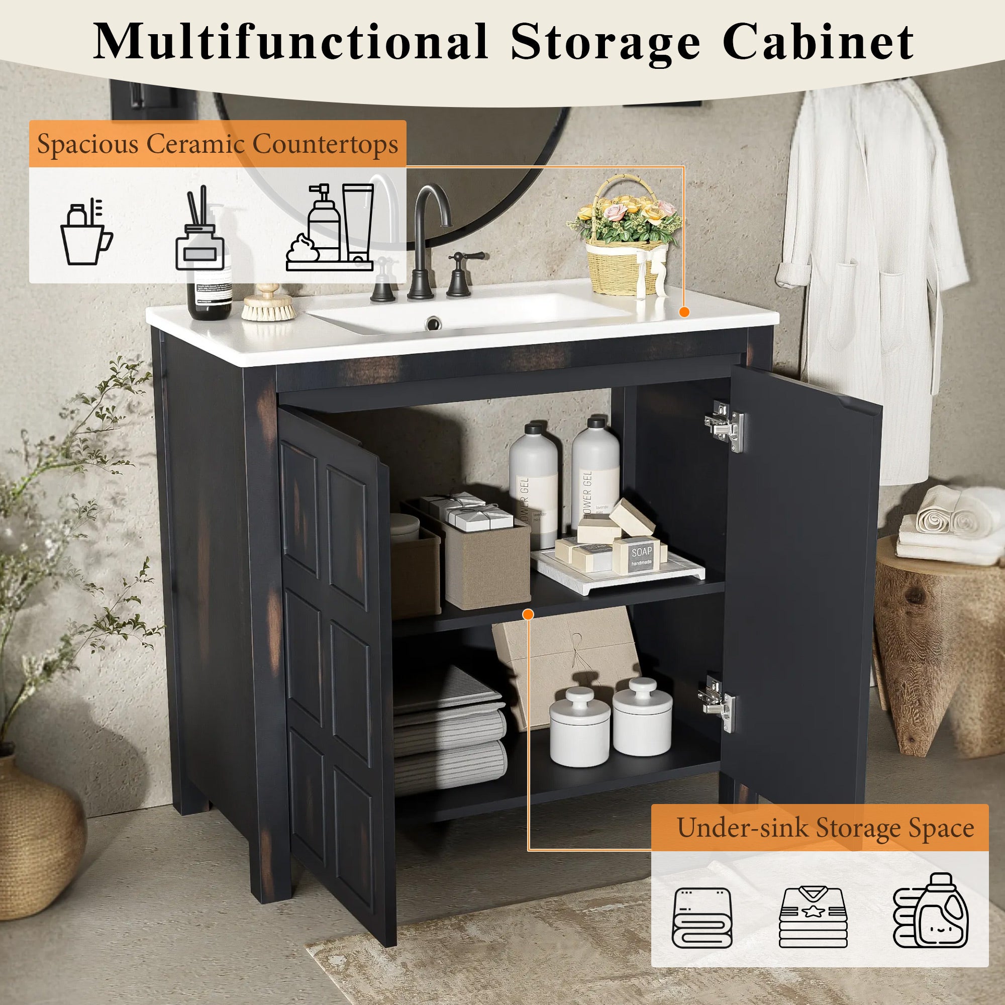 36 Bathroom Vanity Organizer with Ceramic Sink ¨C Vintage Espresso Bathroom Storage Cabinet for Bathroom Organization