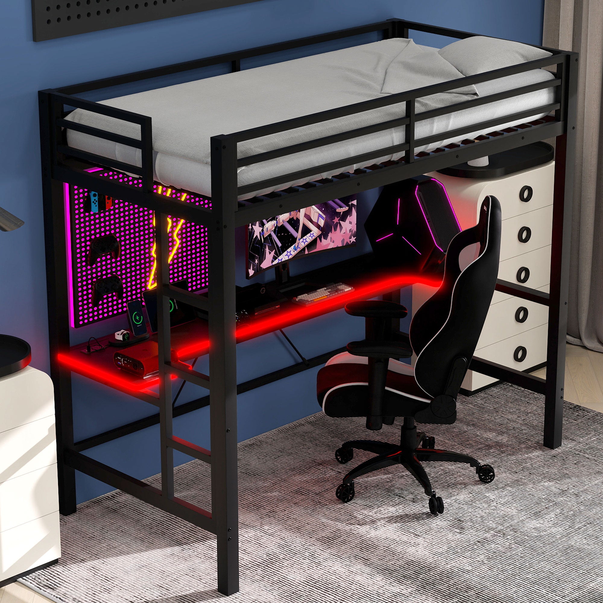 koorbiir G3 Full Size Metal Loft Bed with Built-In Gaming Desk, LED Light & USB Charging Station ¨C Black