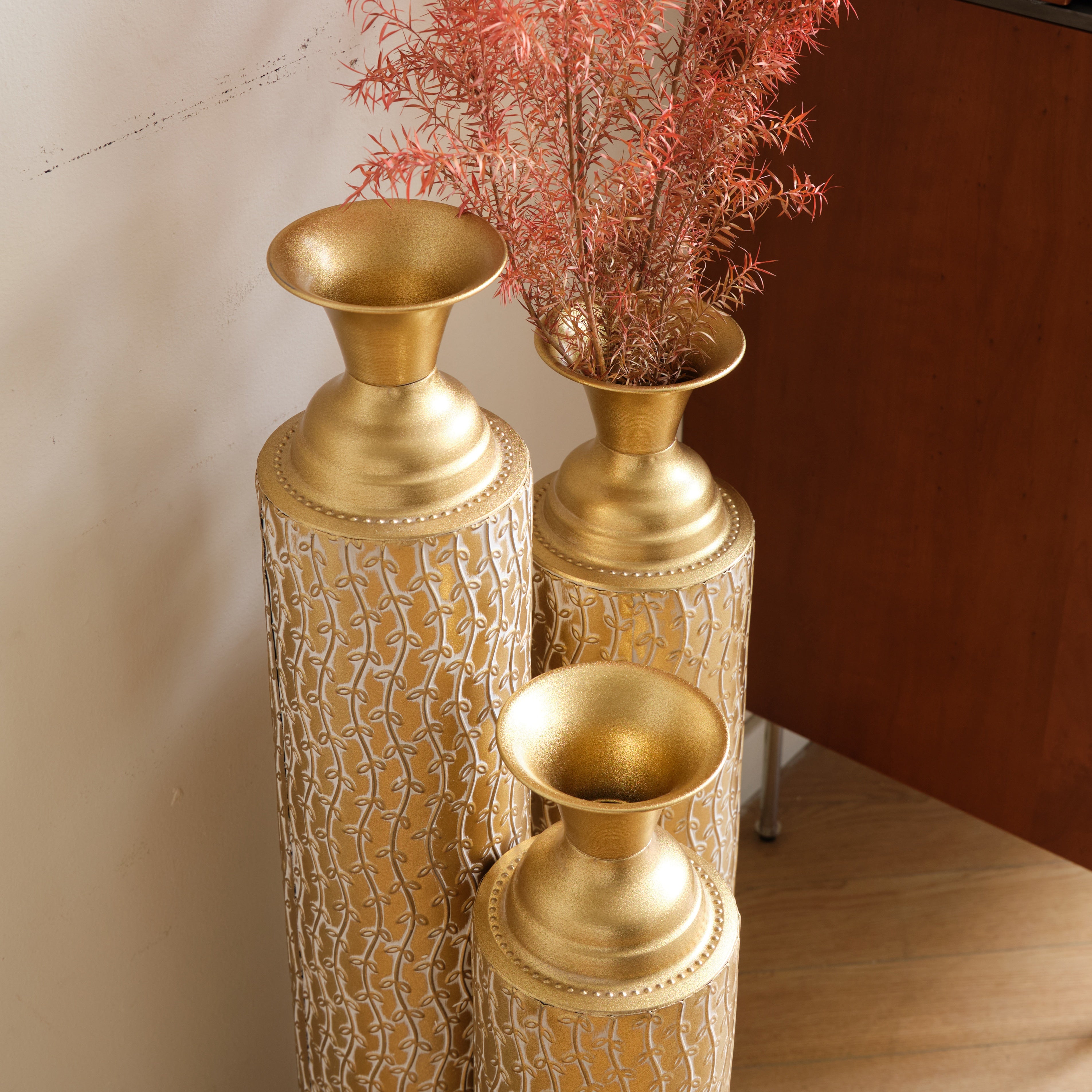 koorbiir va1 Set of 3 Gold Metal Decorative Vases ¨C Distressed Tall Floor Vases with Vine Patterns, Home D¨¦cor Centerpiece Vases (34", 29", 25"H)