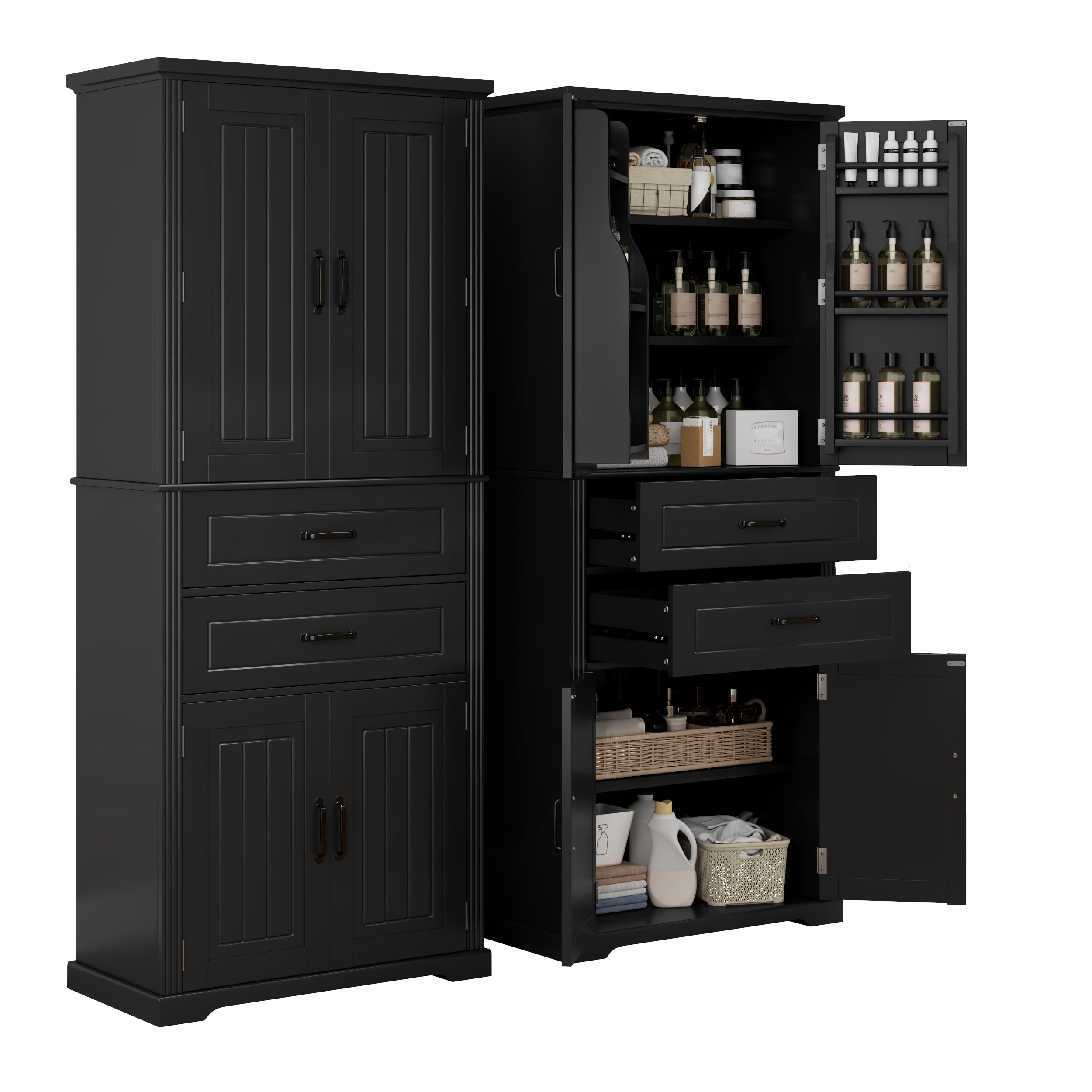 koorbiir k8 Black Storage Cabinet with Adjustable Shelves and 2 Smooth-Gliding Drawers ¨C Multi-Functional Kitchen, Bathroom, Dining, and Living Room Storage Solution