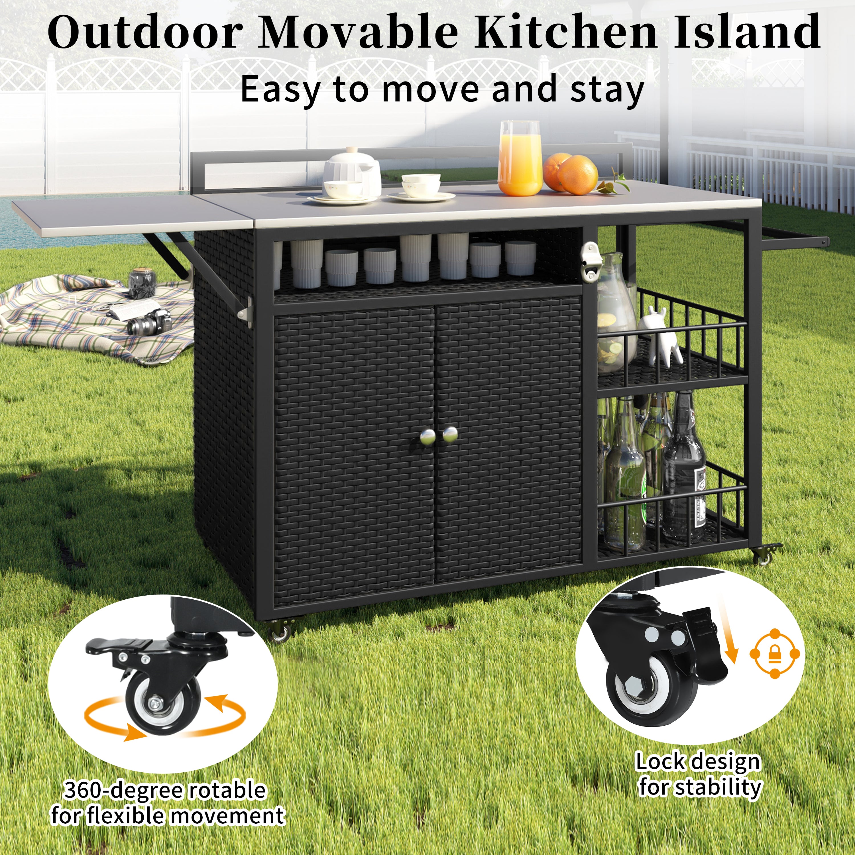 koorbiir k5 63.5" Outdoor Kitchen Island ¨C Rolling Kitchen Storage Island & Cooking Station with Foldable Side Tabletop, Ample Storage, Bottle Opener, Lockable Wheels for Patio & Backyard BBQ, Dark Brown