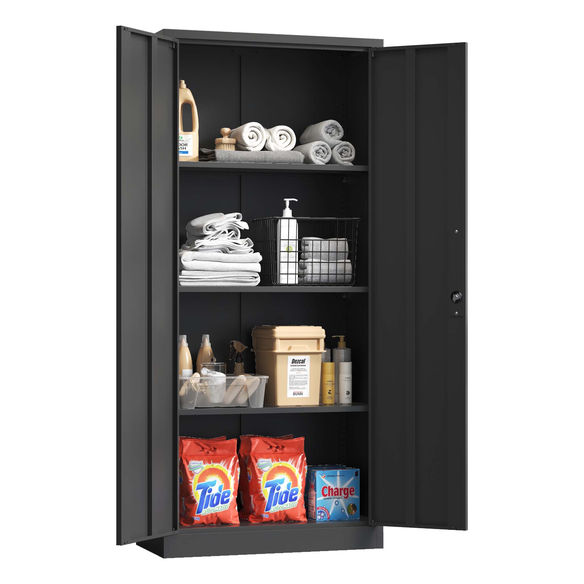 71" Tall Metal Garage Storage Cabinet ¨C Black Locking Tool Steel Cabinet with Doors & 3 Adjustable Shelves, Multipurpose Office Cabinet for Home, Garage, Classroom, Pantry