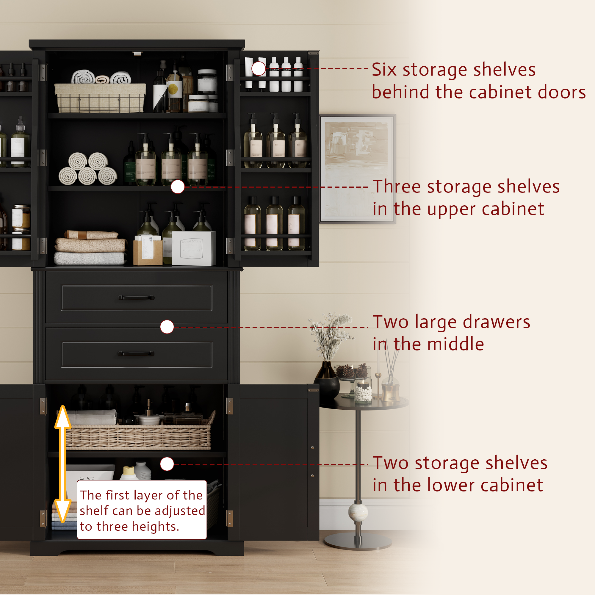koorbiir k8 Black Storage Cabinet with Adjustable Shelves and 2 Smooth-Gliding Drawers ¨C Multi-Functional Kitchen, Bathroom, Dining, and Living Room Storage Solution