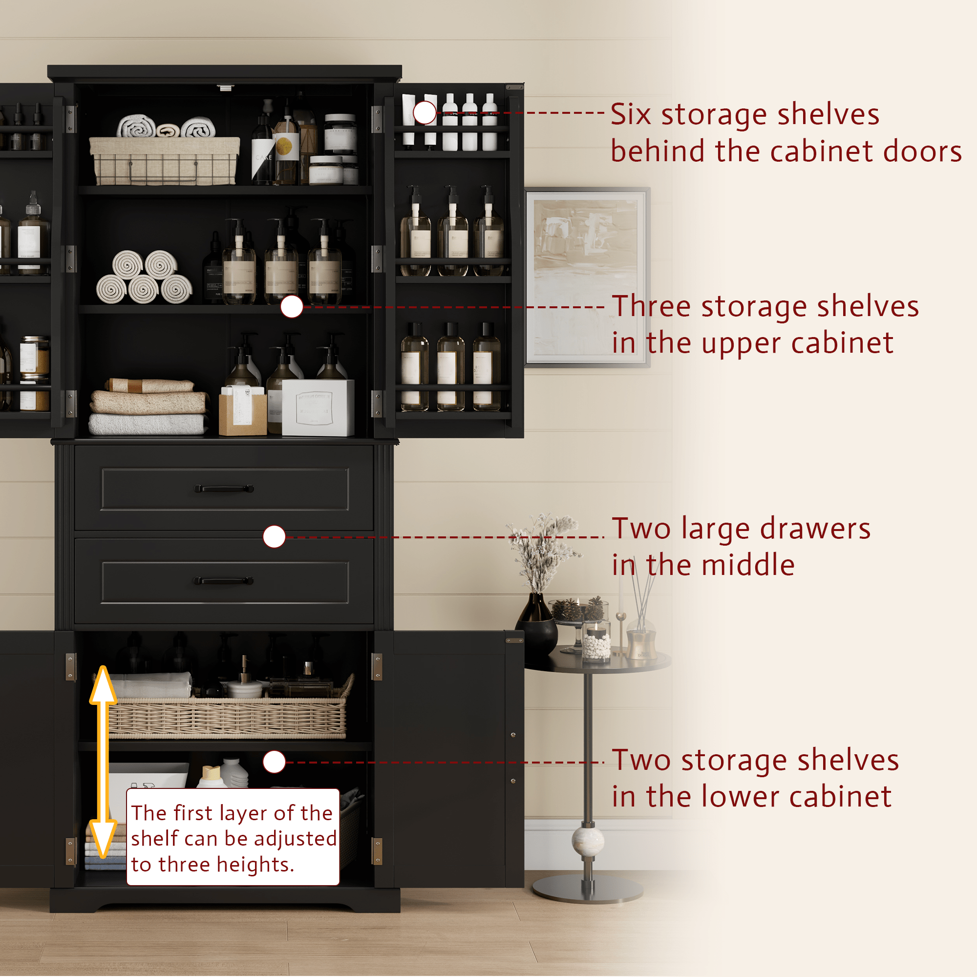 koorbiir k8 Black Storage Cabinet with Adjustable Shelves and 2 Smooth - Gliding Drawers ¨C Multi - Functional Kitchen, Bathroom, Dining, and Living Room Storage Solution - Koorbiir