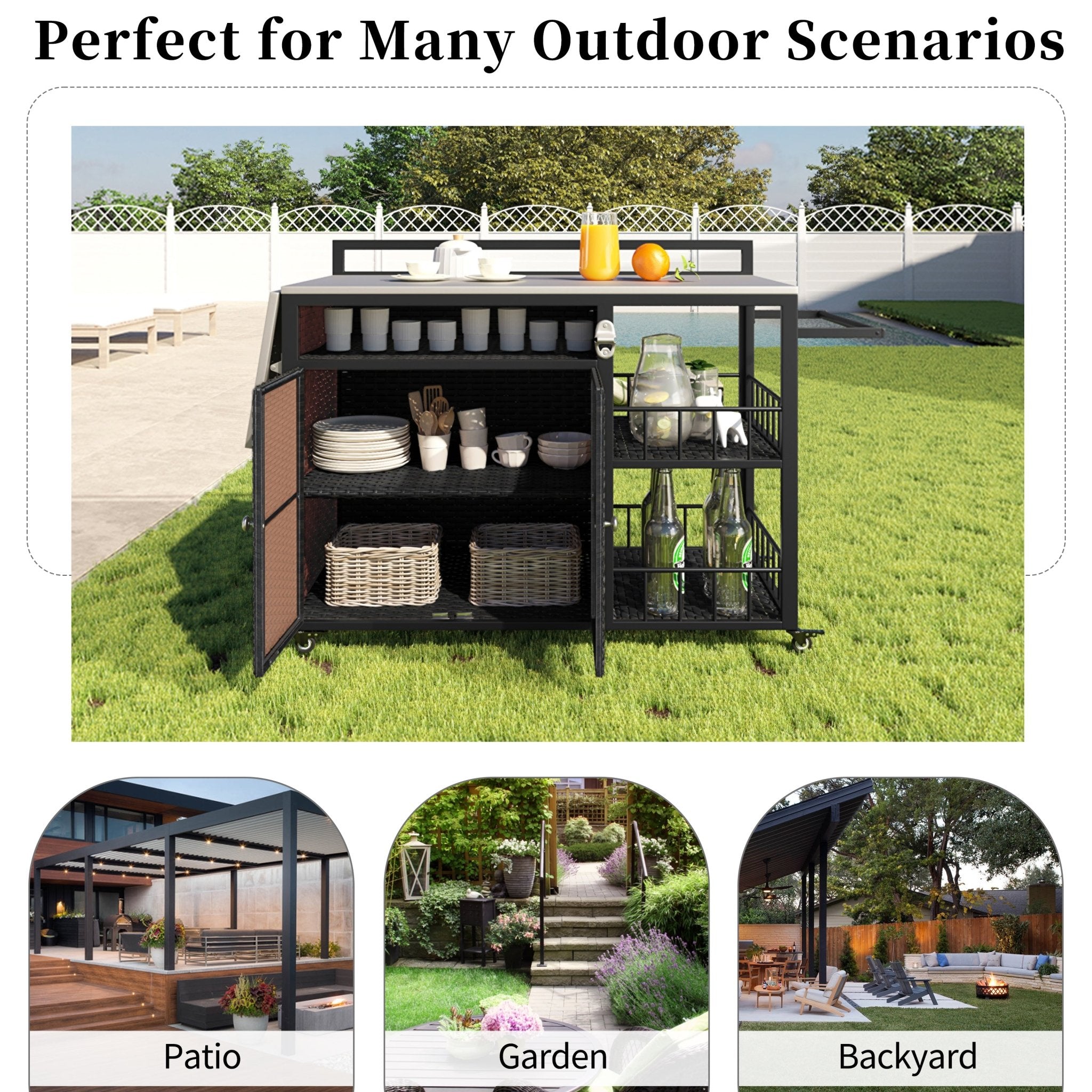 koorbiir k5 63.5" Outdoor Kitchen Island ¨C Rolling Kitchen Storage Island & Cooking Station with Foldable Side Tabletop, Ample Storage, Bottle Opener, Lockable Wheels for Patio & Backyard BBQ, Dark Brown - Koorbiir