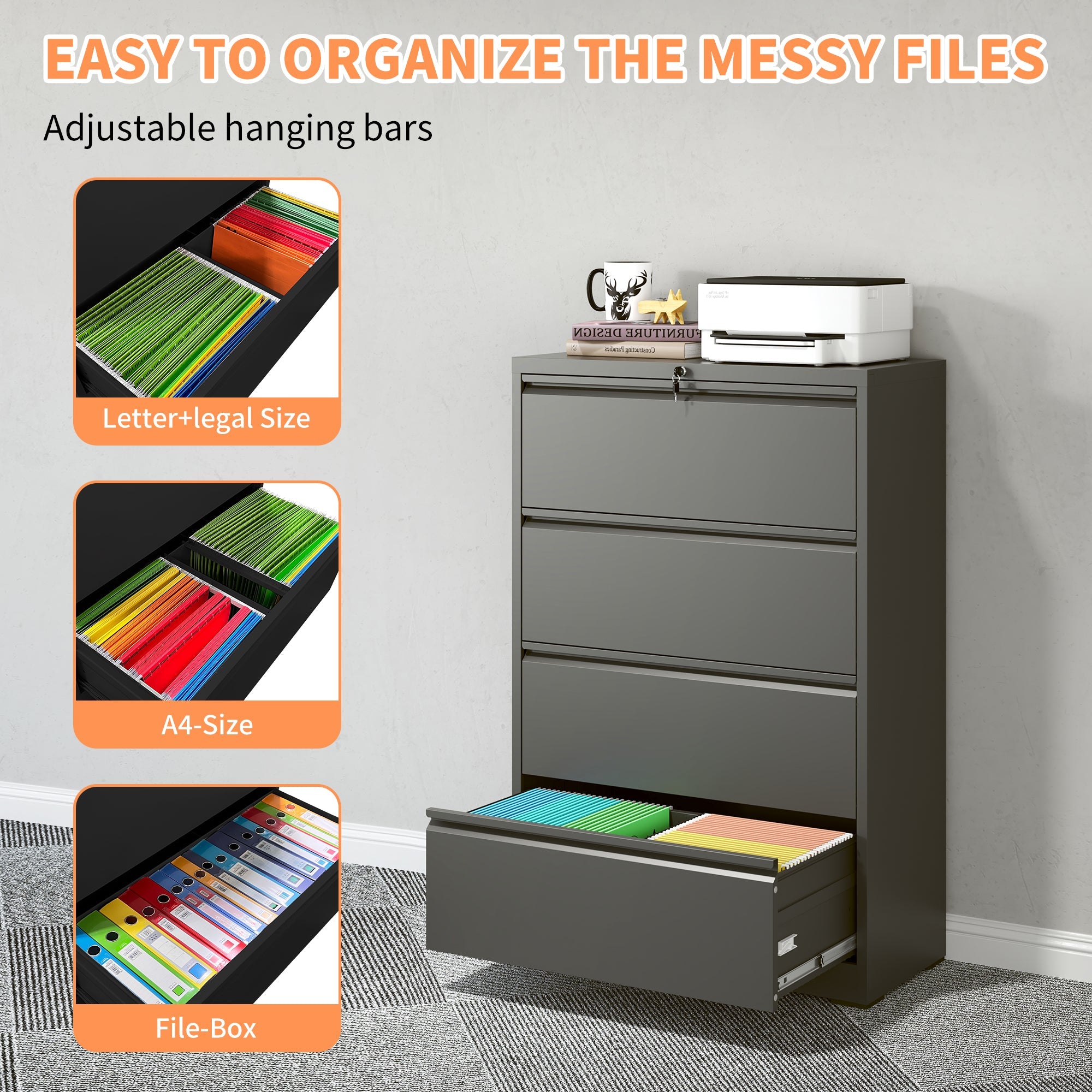 koorbiir of3 4 - Drawer Lateral File Cabinet with Lock ¨C Black Lockable Office Cabinet for Home, Legal, Letter, A4, F4 Documents - Koorbiir