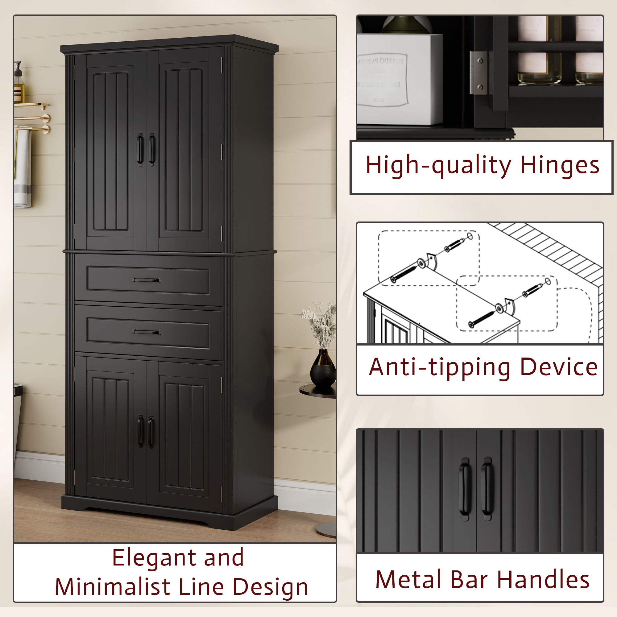 koorbiir k8 Black Storage Cabinet with Adjustable Shelves and 2 Smooth-Gliding Drawers ¨C Multi-Functional Kitchen, Bathroom, Dining, and Living Room Storage Solution